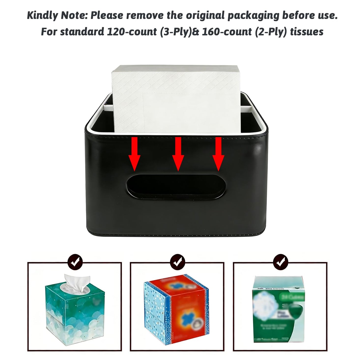 PU Leather Tissue Box Cover Square - Multifunctional Tissue Box Holder with Storage, Tissue and Remote Control Holder Organizer with Compartments for Bedroom Nightstand, Desk, Living Room (Black)