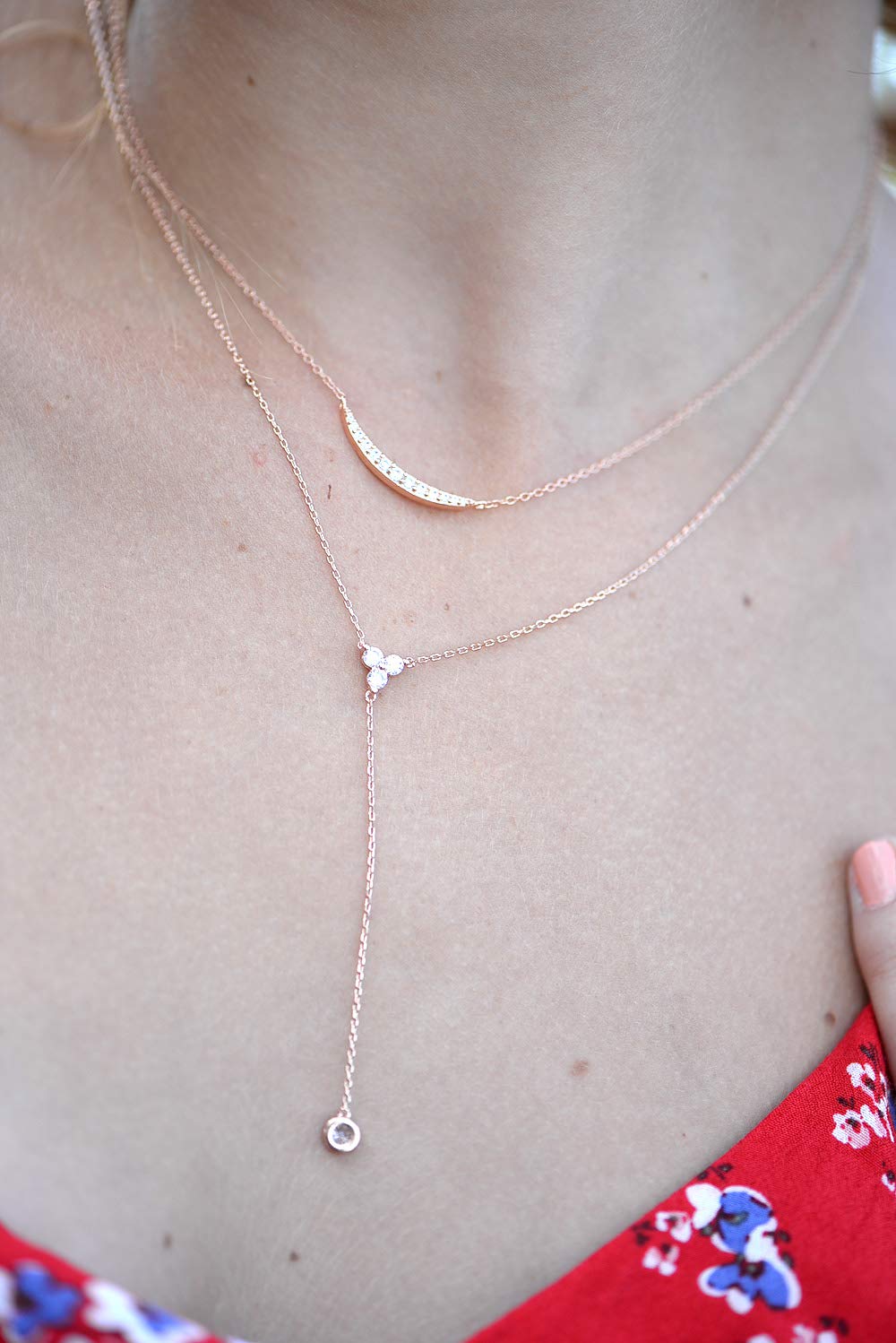 espere Womens Sterling Silver Dainty CZ Lariat Necklace Triple CZ Cluster Y-Shaped Necklace 18K Yellow Gold Plated