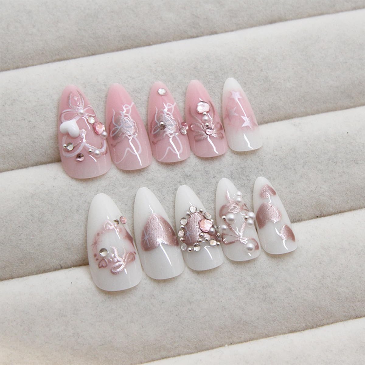 24Pcs Pink Press on Nails Medium Almond Fake Nails with 3D Heart Pearl Bow Rhinestones Designs Cute Glue on Nail Romantic Valentines False Nails Glossy Acrylic Full Cover Stick on Nail for Women