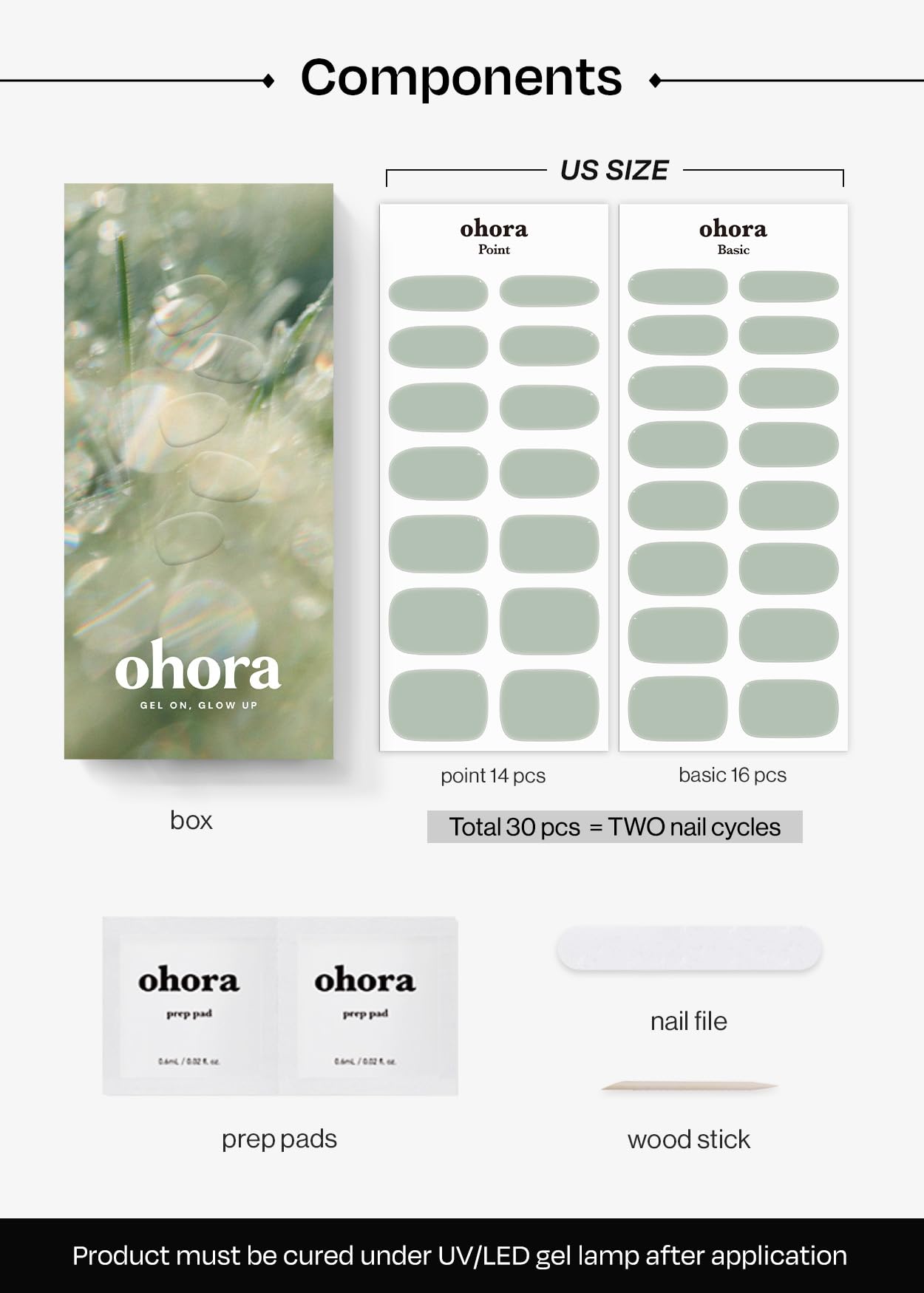 ohora Semi Cured Gel Nail Strips (N Dewy Mint) - Green, Solid, Works with Any UV/LED Lamps, Salon-Quality, Long Lasting, Easy to Apply & Remove - Includes 2 Prep Pads, Nail File & Wooden Stick