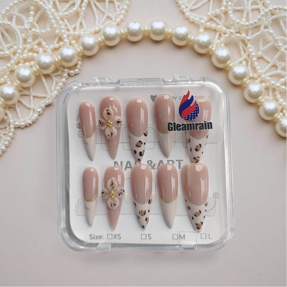 Gleamrain Long Almond Press on Nails French Tip Nude Base 3D Flower & Leopard Print Design Handmade M Size for Prom Party Holiday 1131HD