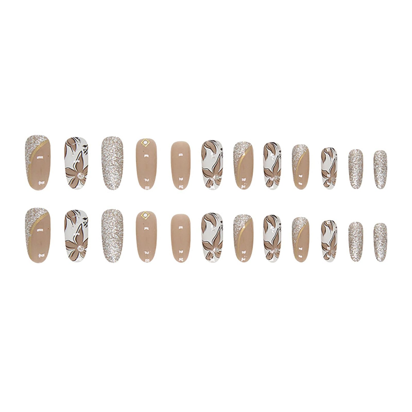 RTKHFZE Fall Press On Nails Oval Almond, Medium Fake Nails Brown Flower Stick Ons with Bling Glitter Designs, 24Pcs Autumn Nails Press Ons for Women