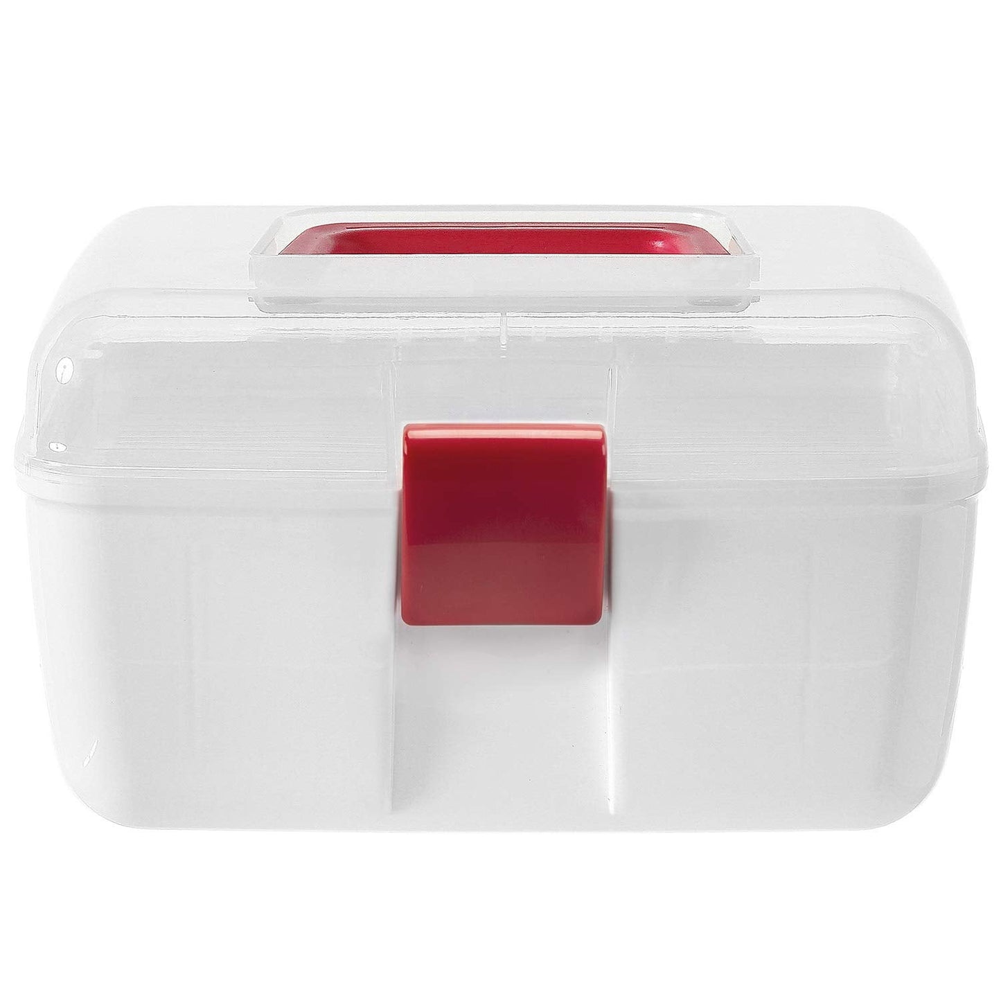 MyGift 10 Inch Multipurpose Portable White Plastic Storage Box with Removable Tray, Clear Lid and and Red Handle and Latch Lock, Home First Aid Storage Tool Box Sewing Kit Organizer Carrying Case