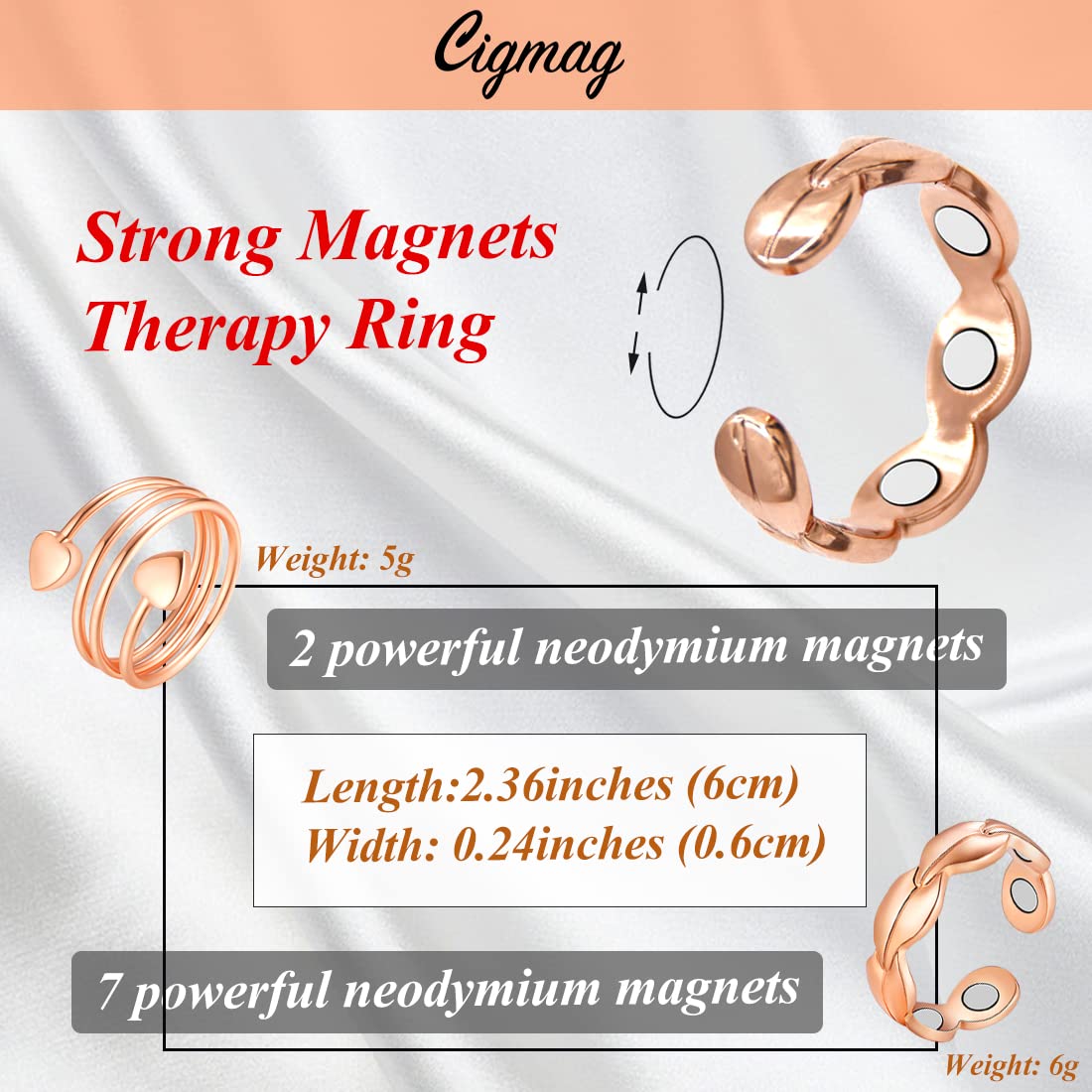 Cigmag 2PCS Copper Rings for Women Adjustable Solid Pure Magnetic Rings with Present Box