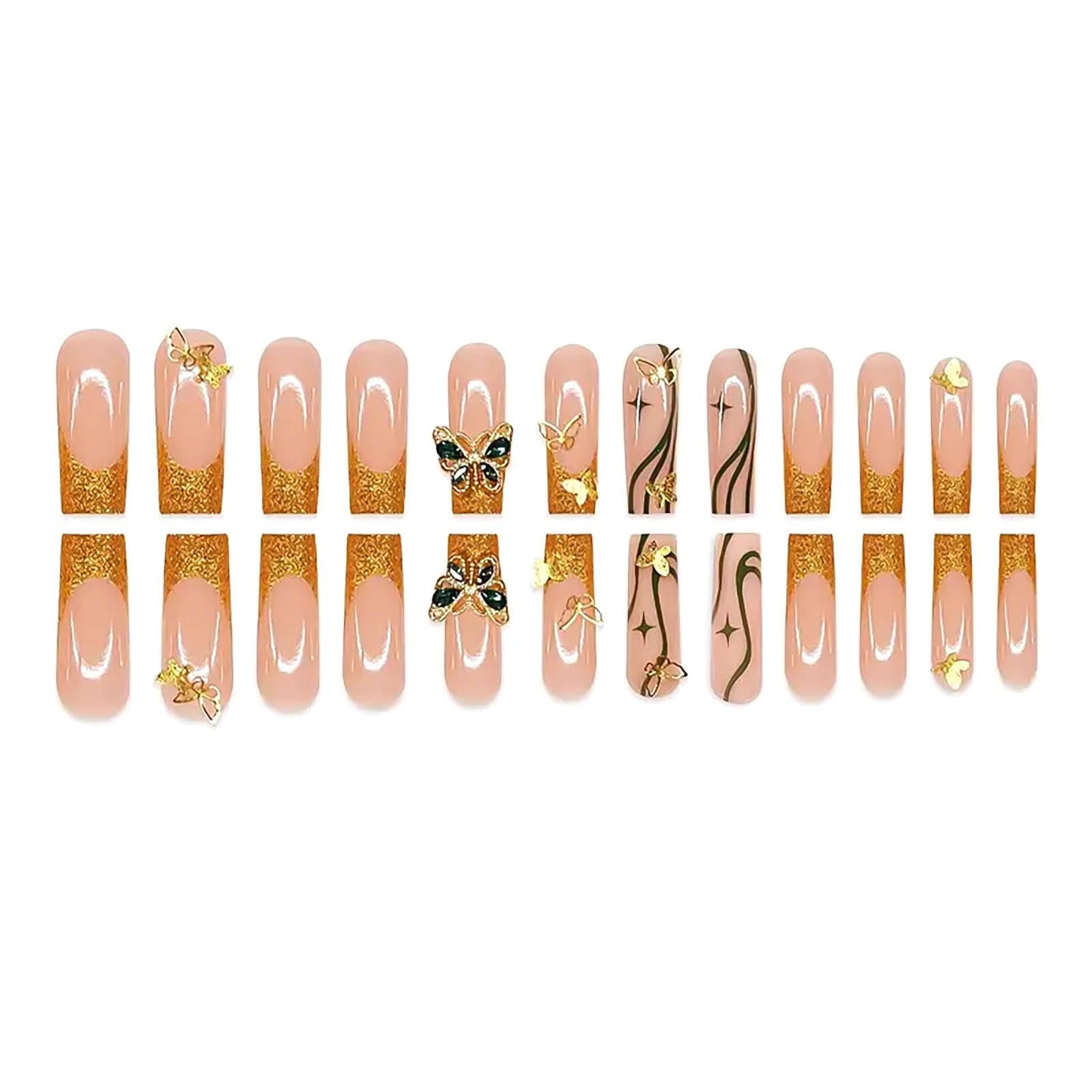 RUOKEXIN Nail Press ons Long Press on Nails Square Fake Nails Gold Glitter French Tip False Nails with 3D Gold Butterfly Designs Long Glue on Nails Fall Artificial Nails Cute Stick on Nails for Women