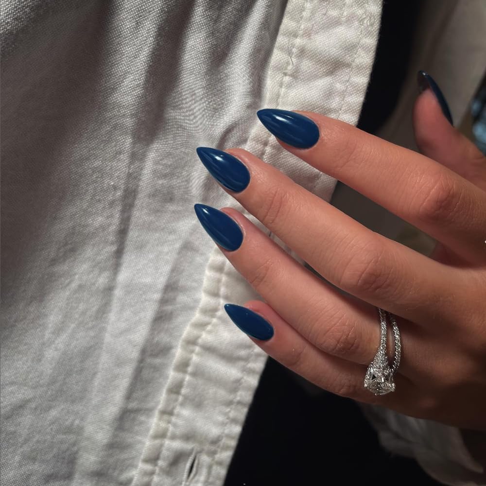 KQueenest Deep Navy Blue Press on Nails Short Almond, Glossy Press on Acrylic Nails Set, Classy Solid Color, Reusable Short Stiletto Fake Nails for Women Nail Art Manicure in 24 Pcs