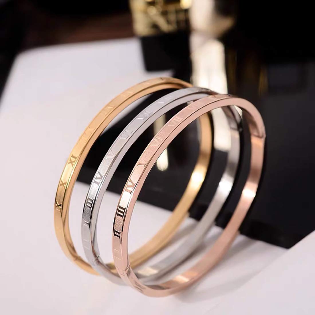 Jarlinwel Gold Silver Plated Bracelets for Men Women Roman Numeral Bangle Bracelet Stainless Steel Personalized Engraved Unisex Gift (Gold 4mm Womens)