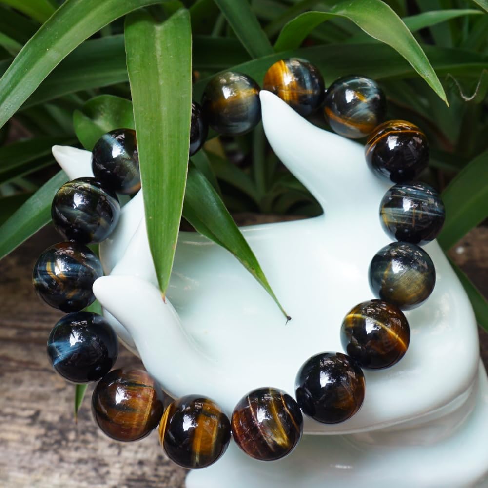TaHLga 16MM Yellow Blue Tigers Eye Beaded Bracelet for Men | Natural Solar Plexus Chakra Gemstones | Bring Luck Wealth Courage | Protection from Evil | Gift