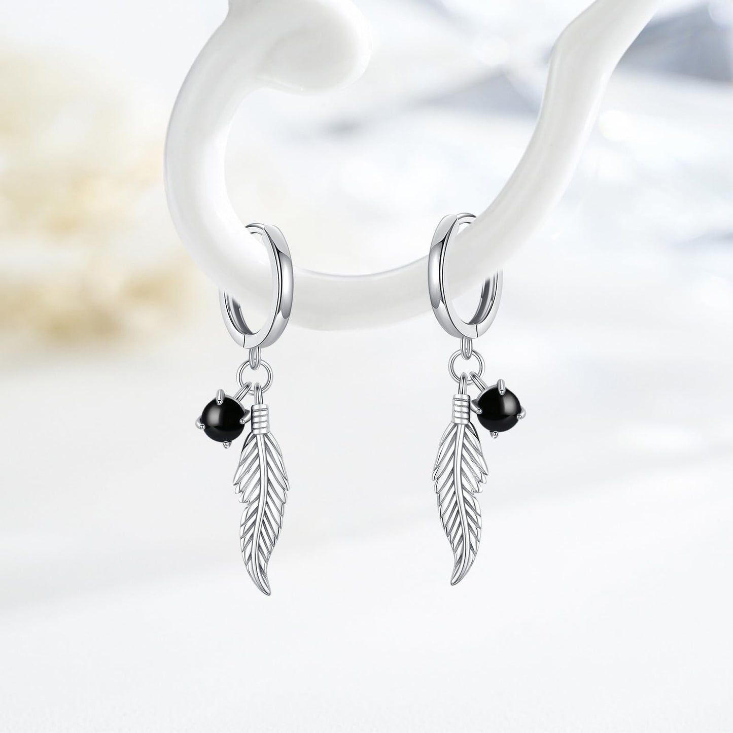 Feather Black Onyx Earrings 925 Sterling Silver Black Onyx Dangle Drop Earrings Feather Jewelry Bohemian Gifts for Women