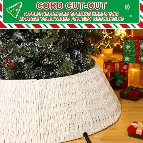 Preboun 40" Boho Farmhouse White Woven Christmas Tree Skirt - Rustic Base Cover for Christmas Tree Decoration