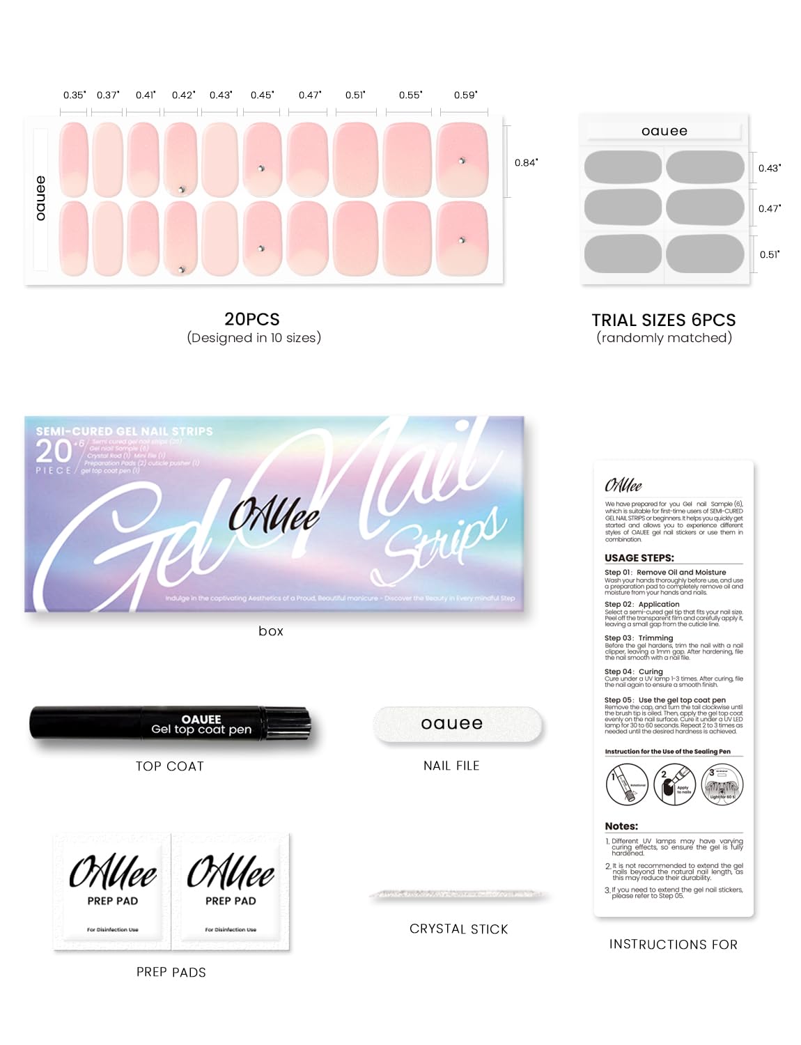 Oauee Semi Cured Gel Nail Strips | Built-In Gel Top Coat | UV Light Required | Salon Quality, Easy Application And Removal (Blush Glitter Crescent）