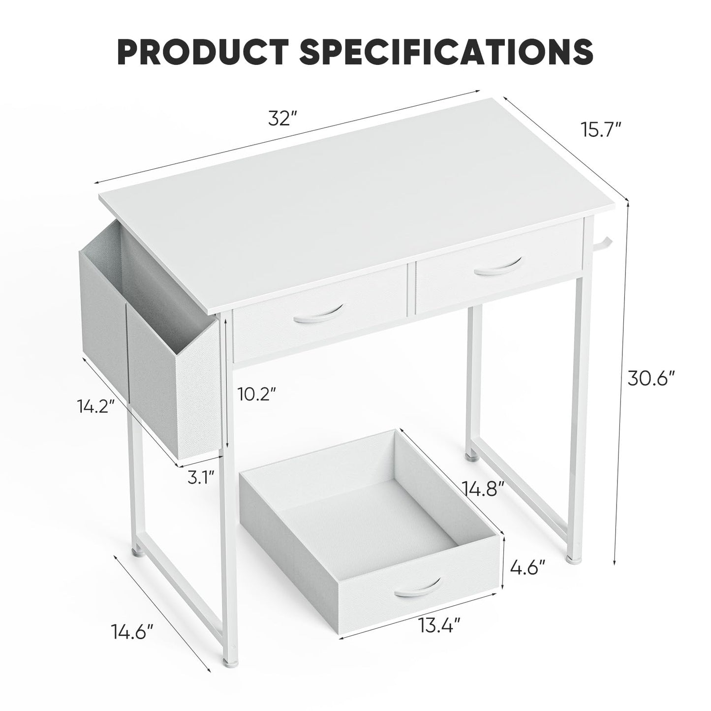 DUMOS 32" Home Office Computer Desk with Drawers, Small Gaming Writing Study Table with Storage Side Bag, Headphone Hook and Adjustable Feet for Bedroom White