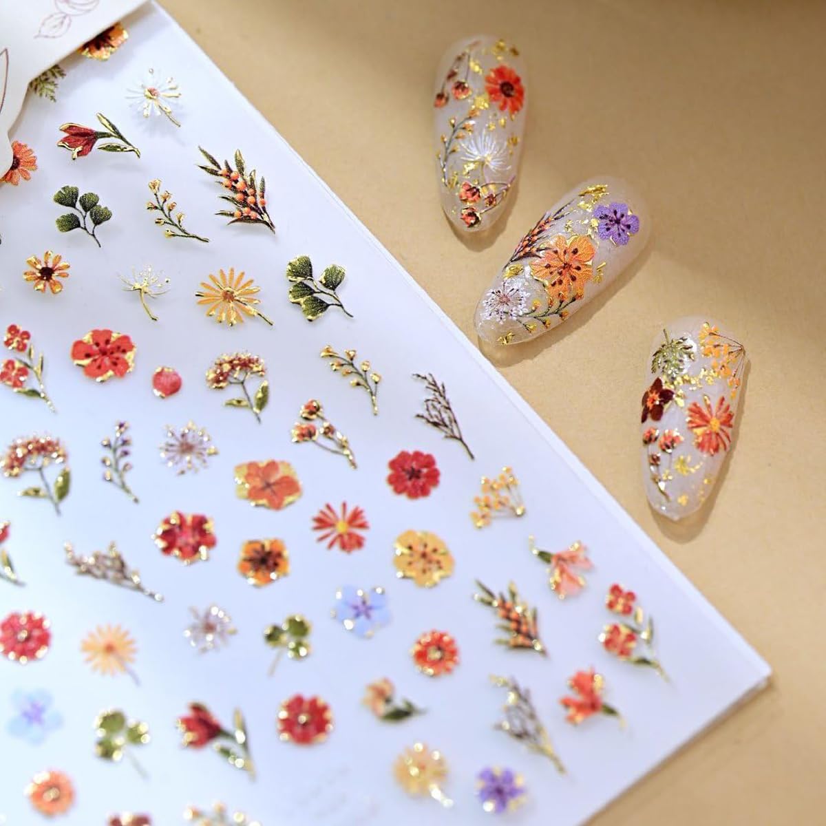 Flower Nail Art Stickers 5D Embossed Floral Nail Stickers Flower Nail Decals Spring Self-Adhesive Nail Decorations for Women Manicure 1 Sheet