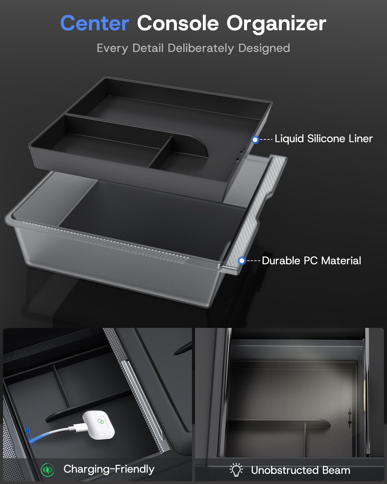 SUMK Center Console Organizer Tray for 2025 2026 Tesla Model Y Juniper (Premium & Performance) & All Model 3 Highland, Durable PC +Silent Silicone Liner Armrest Storage Box Wireless Charging Pad 4PCS