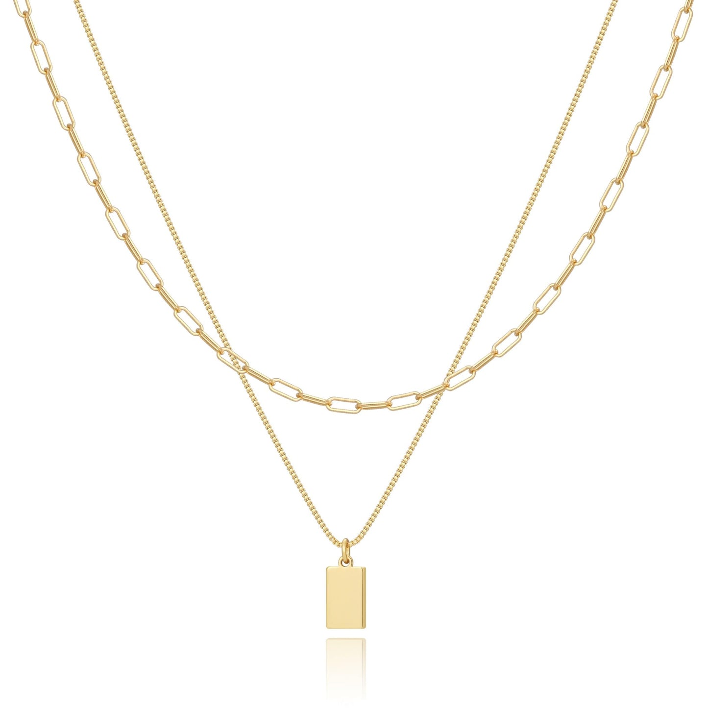 MFRYK Gold Necklaces Stack For Women,14K Gold Plated Simple Layered Choker Necklaces,Stackable Multilayer Gold Small Square Pendant Box Paperclip Chain Layered Necklaces Set Jewelry Gift for Women