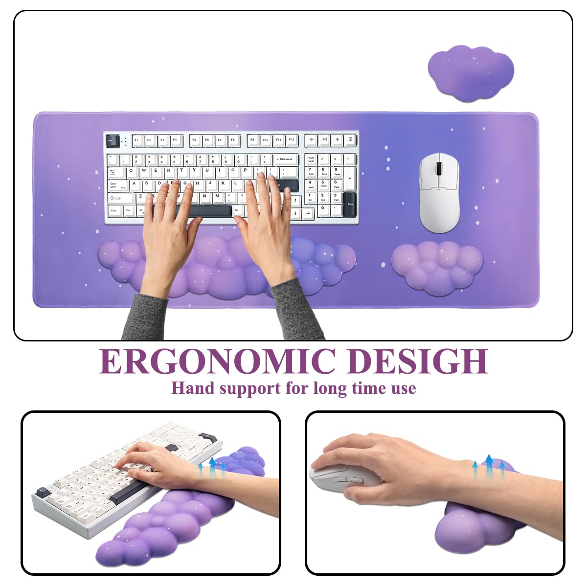 Gaming Desk Mat with Keyboard Wrist Rest Set, 4 in 1 Large Mouse Pad & Cloud Keyboard Wrist Rest& Mouse Wrist Rest&Coaster, Comfort and Support for Typing and Gaming(Purple Starry Night)