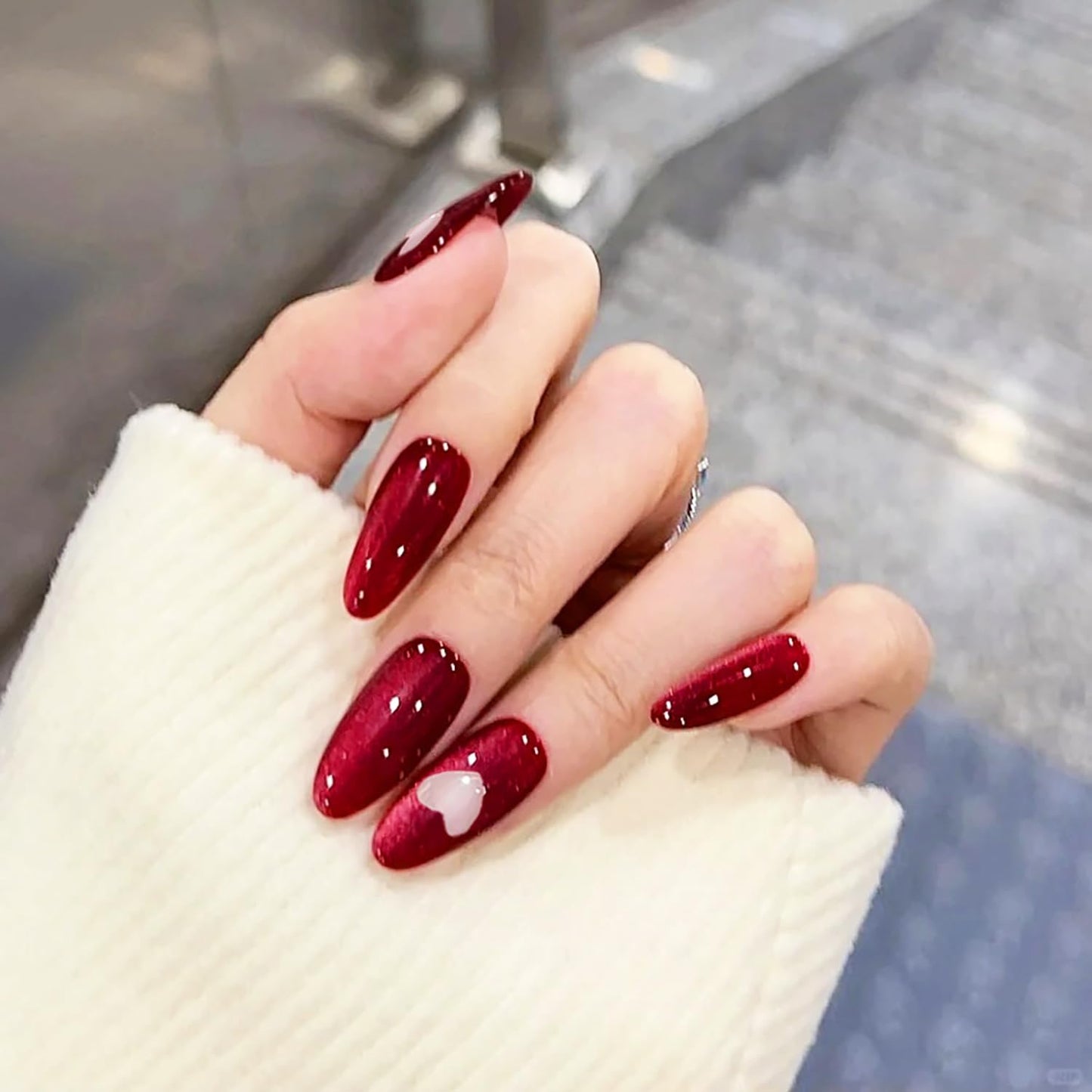 Red Press on Nails Medium Almond Reusable Fake Nails with Glue Pink Heart Stick on Nails Full Cover Glossy False Nails for Women DIY Manicure Decoration, 24PCS