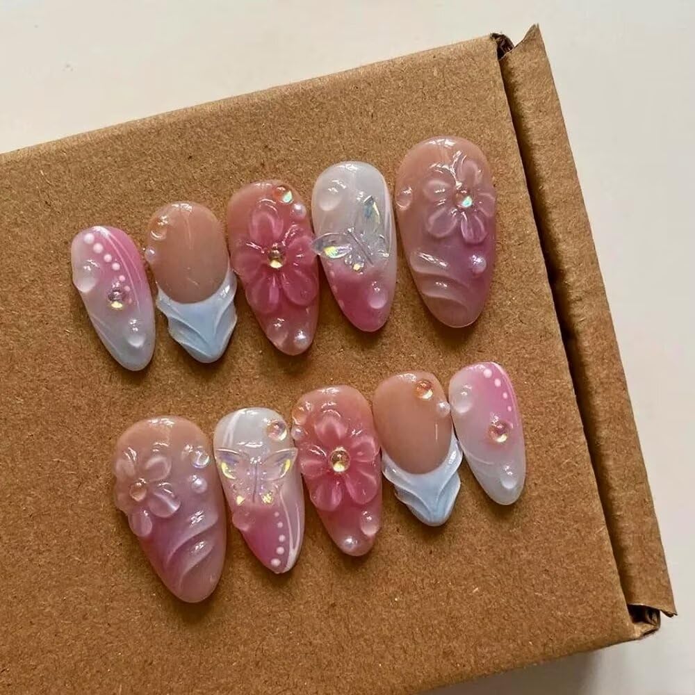 Press On Nails,Luxury Medium Almond 3D False Nails Women Reusable ABS Material Finger Printed Nail Tip French Salon Design-Medium size