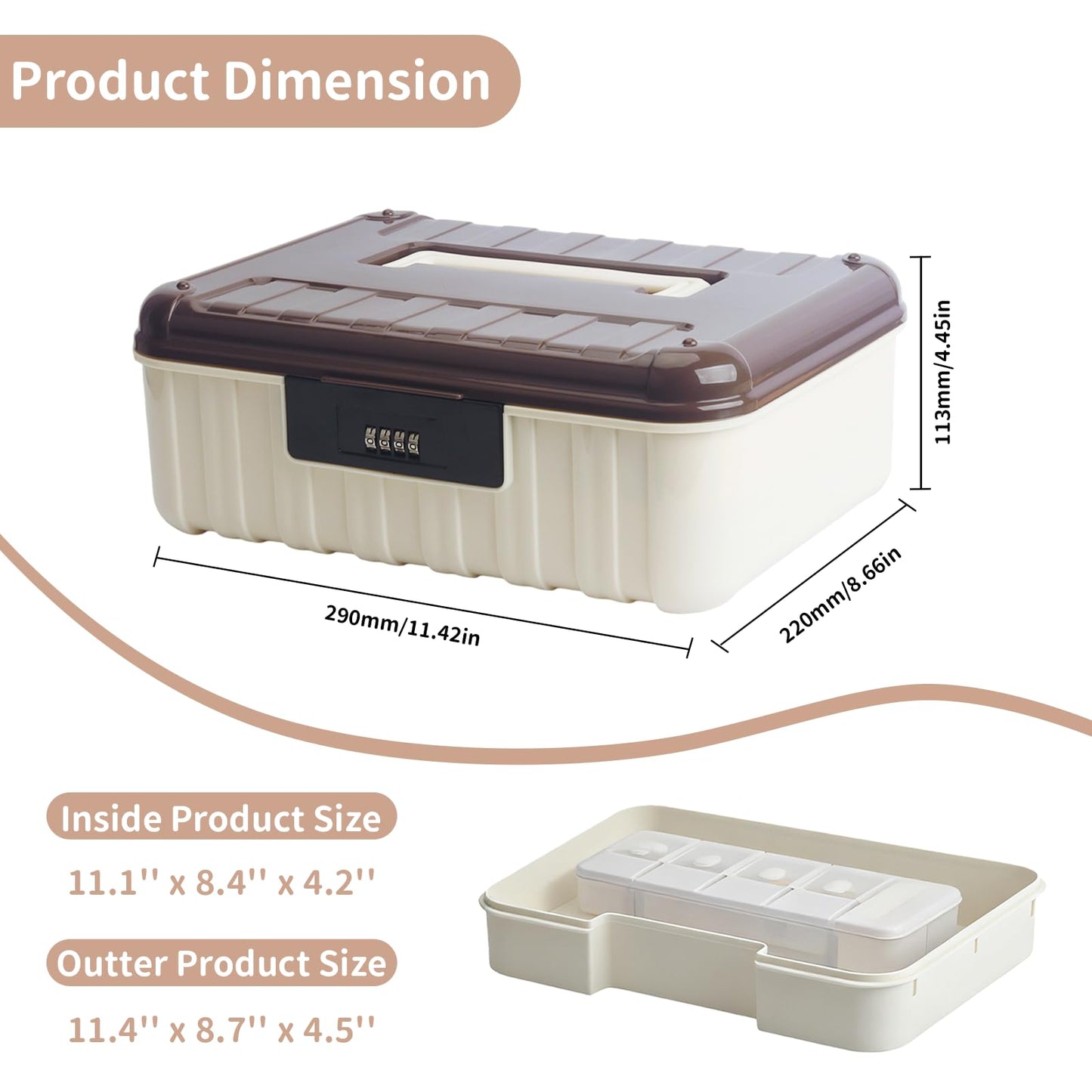Lock Storage Box - Medicine Secure First Aid Organizer Box Safe with Combination Code for Cash Money Key Phone Snack Home Fridge Office Travel Storage Gifts - Brown - Small