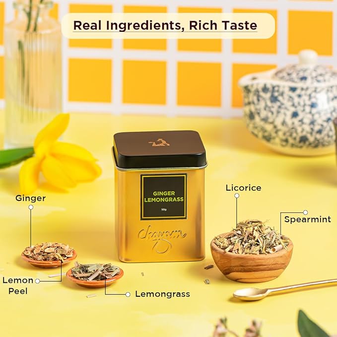 CHAYAM Ginger Lemongrass Tea – 50g/1.77oz Each | Premium Tin Pack | Refreshing Blend with Lemon Peel, Licorice & Spearmint | Herbal Tea | Caffeine-Free | 100% Natural Ingredient - Pack of 2