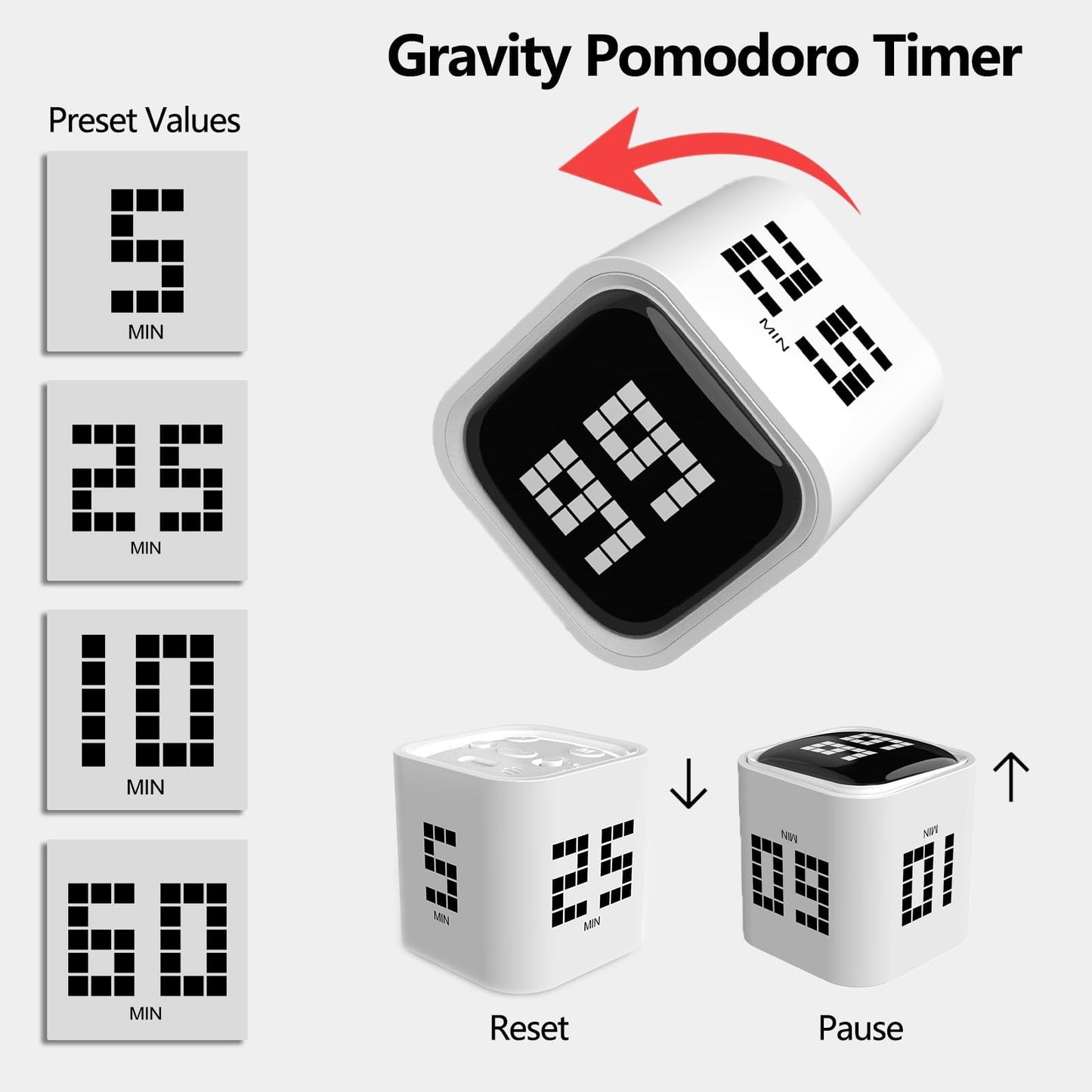Rotating Focus Timer, 5/25/10/50-Minute Pomodoro Timer, Desk Flip Countdown with Vibration & Volume Control, ADHD-Friendly Tool for Office, Study, and Kitchen (Black)
