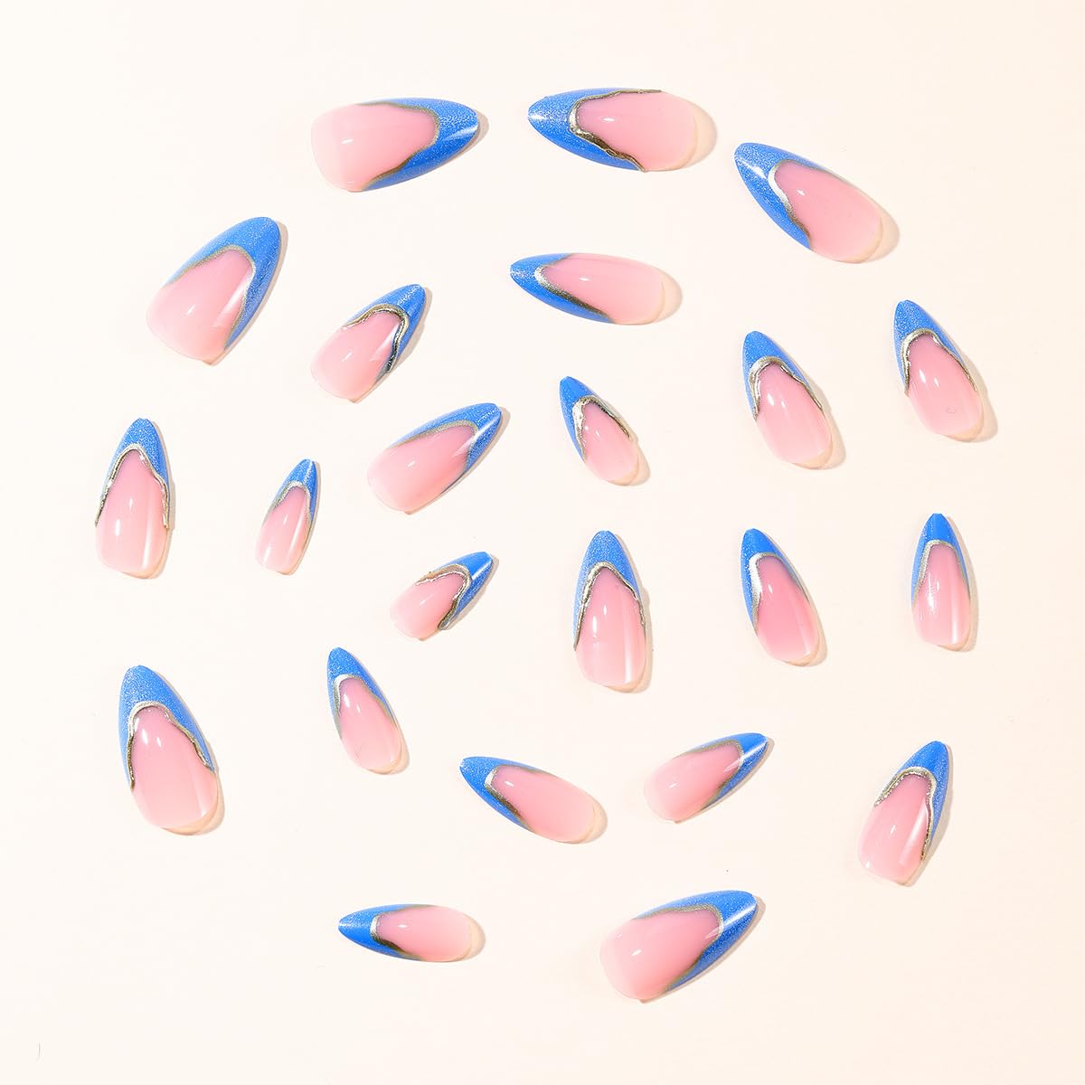 Blue French Tip Press on Nails Medium Almond Cat Eyes Fake Nails with Gold Curve Line Designs Blue False Nails Acrylic Artificial Spring Summer Stick on Nails for Women DIY French Manicure Kit