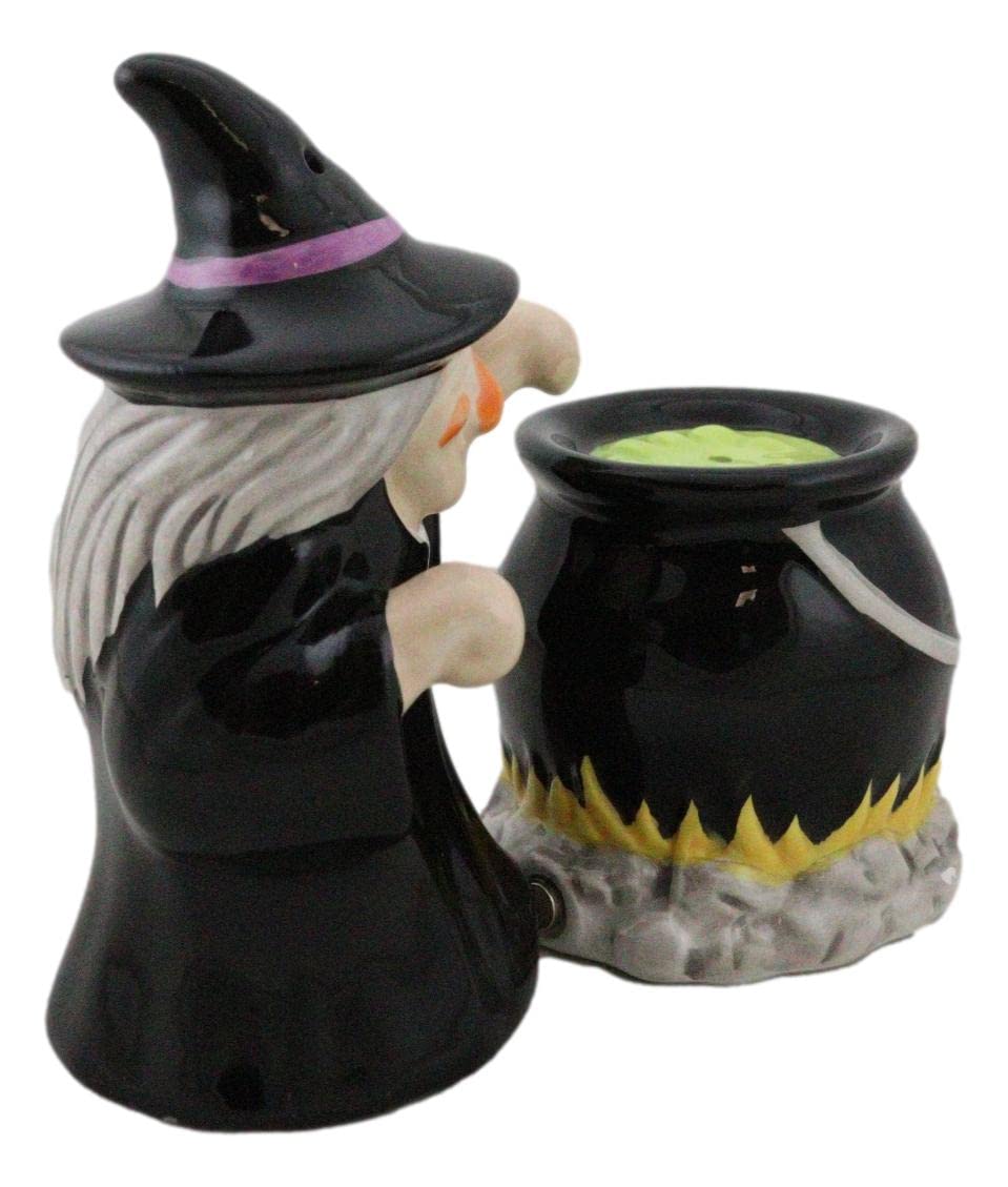 Ebros Gift 'Double Double Toil And Trouble Fire Burn And Cauldron Bubble' Black Potion Magic Witch And Large Cauldron On Fire Hearth Salt Pepper Shakers Set Ceramic Figurines