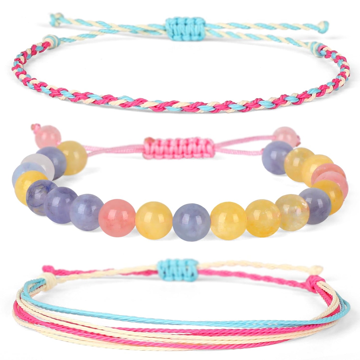 QOGIR Handmade Healing Bracelets,8mm Natural Morganite Gem Stone Beads Bracelet for Men Women Gifts with 2PCS Size Adjustable Rope Bracelets