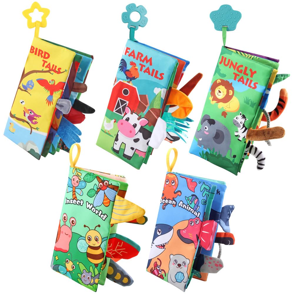 GZYFUVALW Baby Cloth Book Toys with Tails, Stroller Soft Toys for Infant Baby 0-18 Months (Insects)