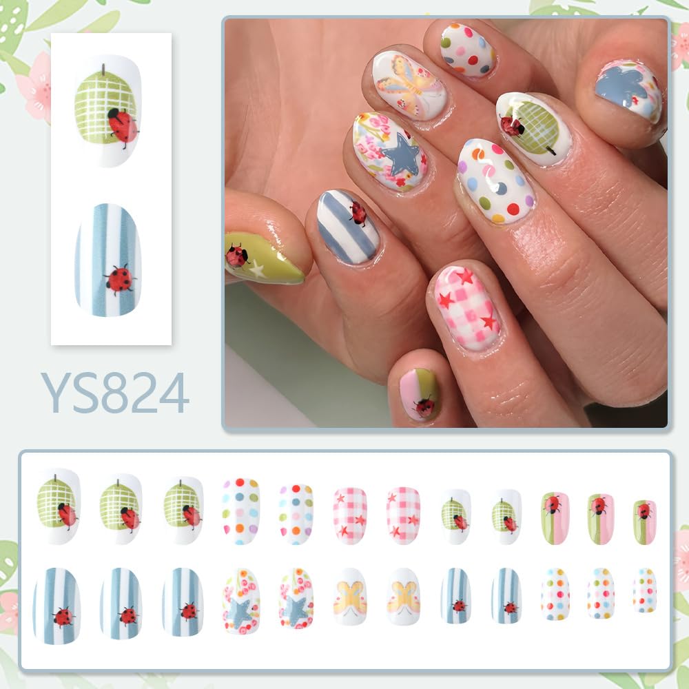 24Pcs Summer Press on Nails Short Oval Fake Nails QUNQINLI False Nails with Colorful Polka Dot Striped Ladybug Designs Acrylic Nails Press ons Full Cover White Glue on Nails Stick on Nail for Women