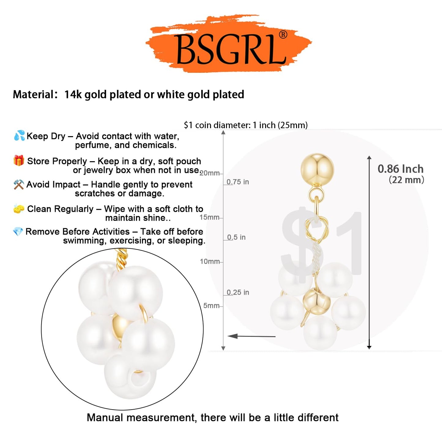 BSGRL Pearl Earrings - 14k Gold Plated Cute Daisy Flower Drop Pearl Earrings for Women