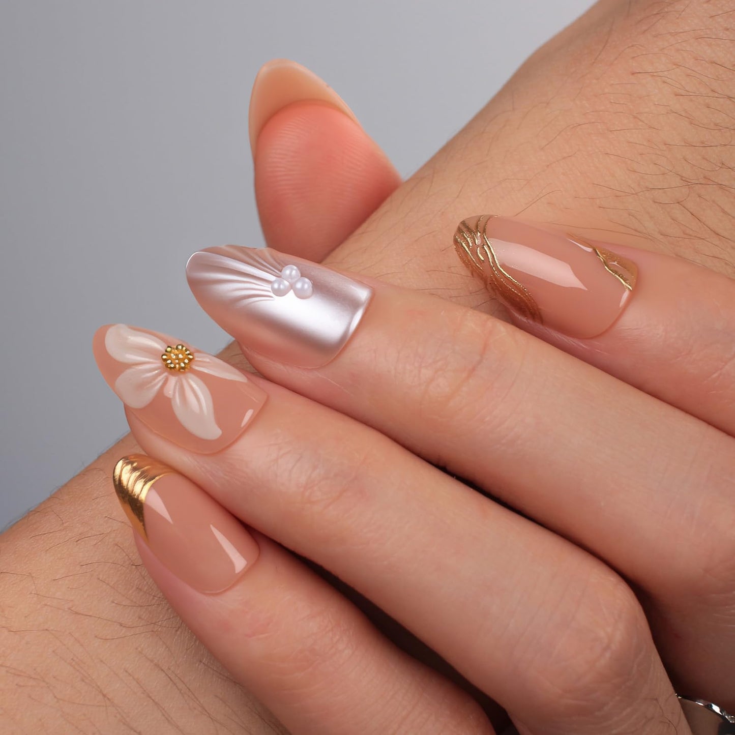 Mivota Short Press On Nails Almond – 3D Floral & Pearl Accent Nude Pink Fake Nails, 30Pcs Reusable Acrylic Stick On Nails with Gold Details, Glossy Soft Gel Look, DIY Manicure Kit for Women
