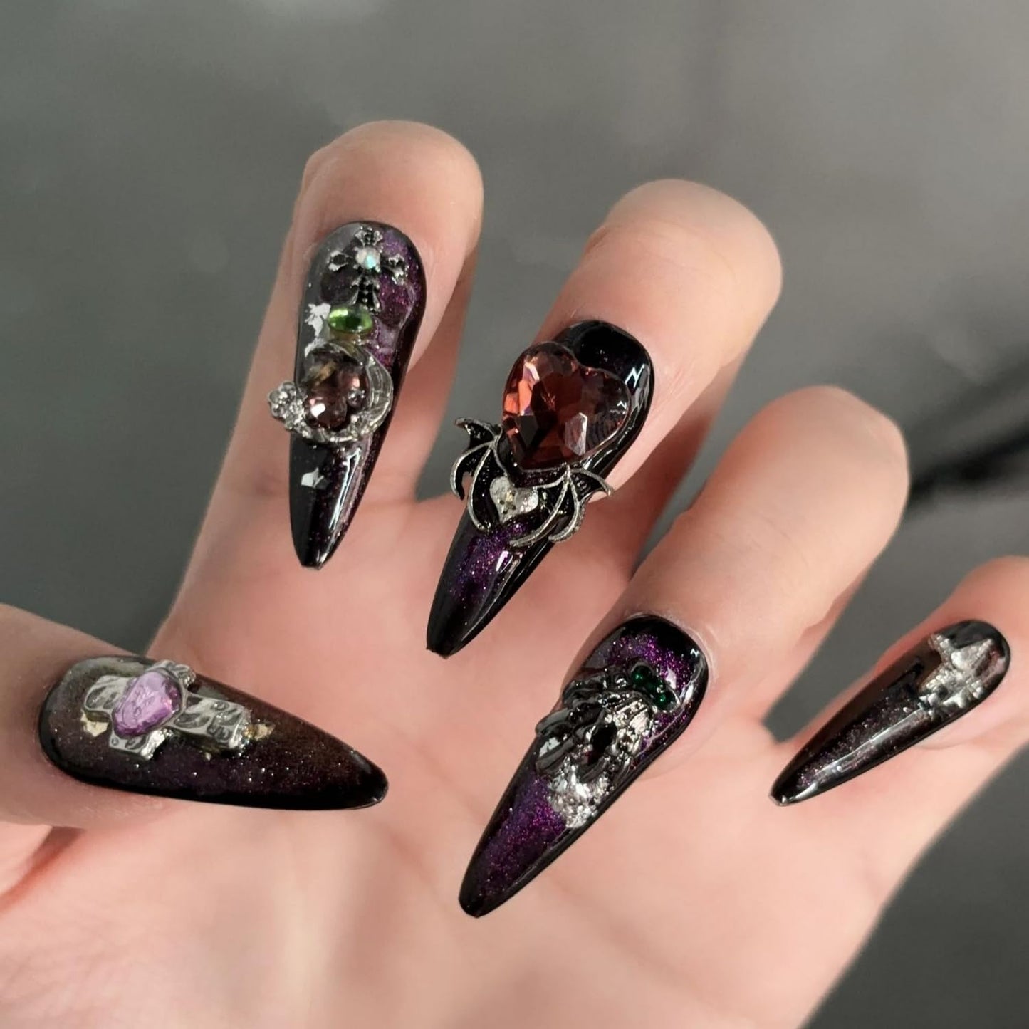 Handmade Press on Nails Medium Almond Fake Nail Halloween 3D Spider and Silver Spider Web Designs Black French Tip Stick on Nails Red Heart Thick False Nails for Women (S)