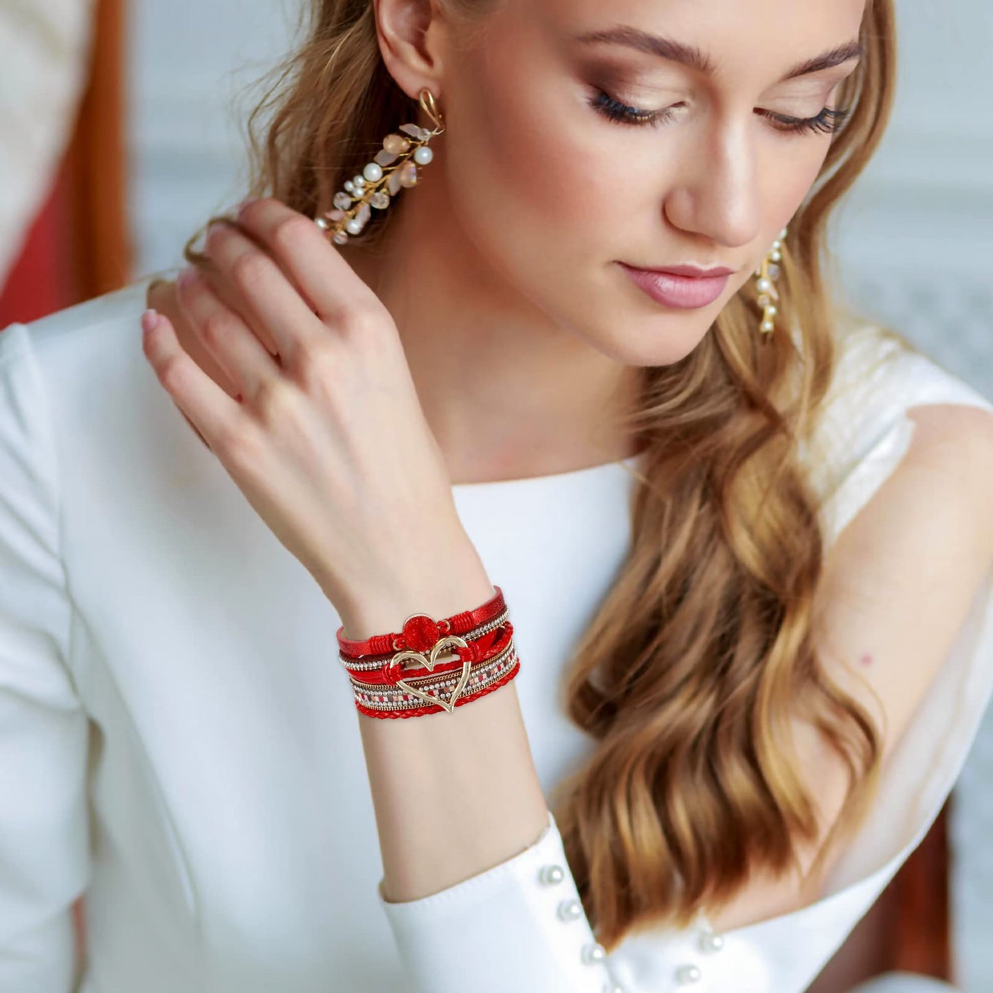 Leopard Bracelet for Women, Boho Leather Wrap Multi-Layer Pearl Crystal Bracelet Bangle Jewelry (Heart Leather(Red))