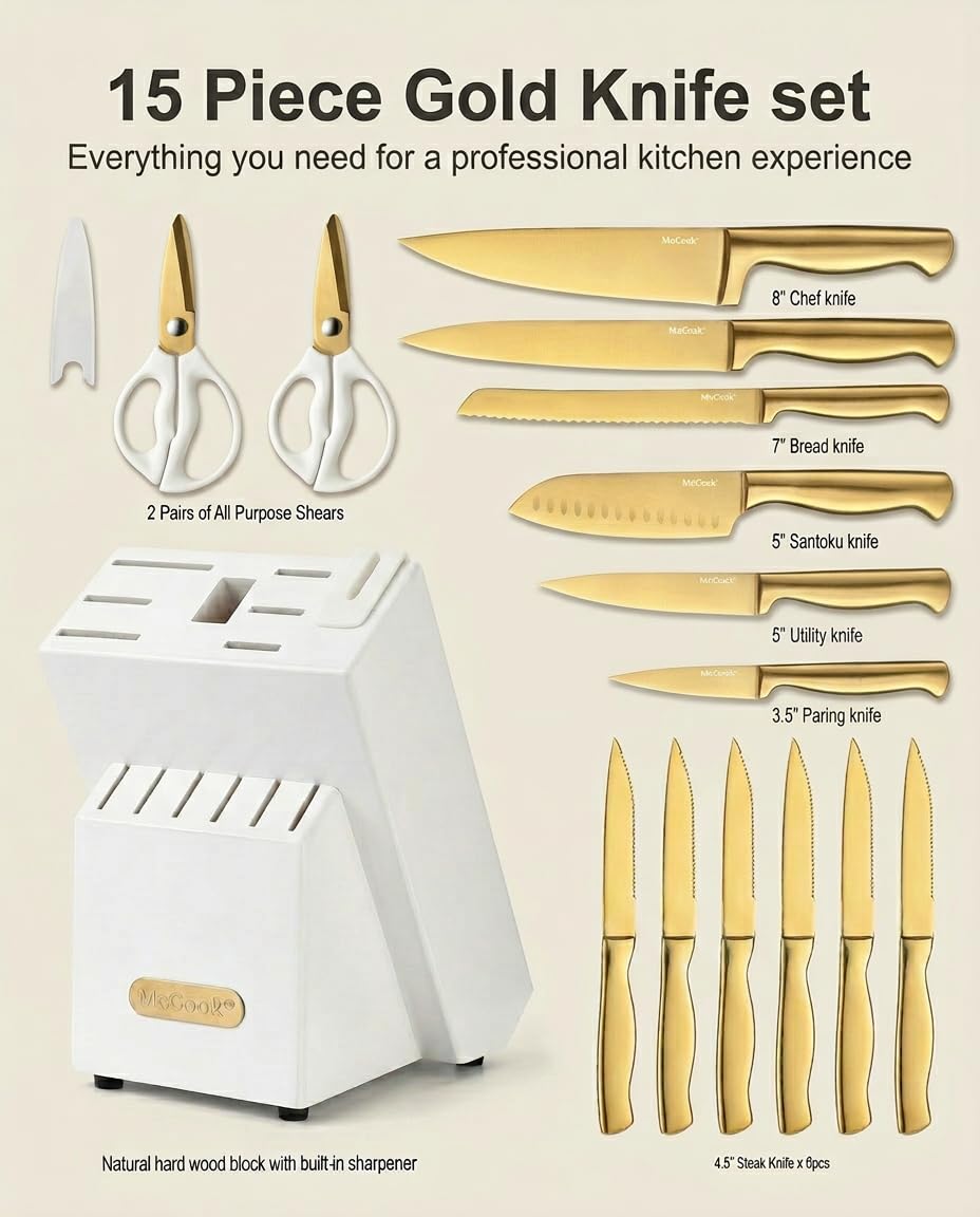 McCook® Knife Sets, Golden Titanium Stainless Steel Kitchen Knife Block Sets with Built-in Sharpener