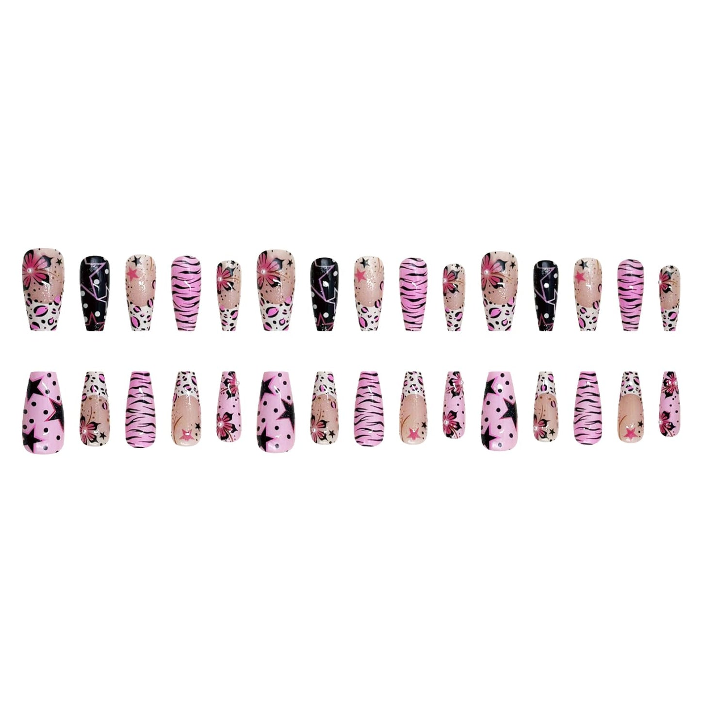 30Pcs Medium Press on Nails Square Fake Nails with 3D Pearl-decorated Y2K Style Five-Pointed Star Zebra Stripe Flower Design Glossy False Nails French Nail Tips Cute Stick on Nails for Women