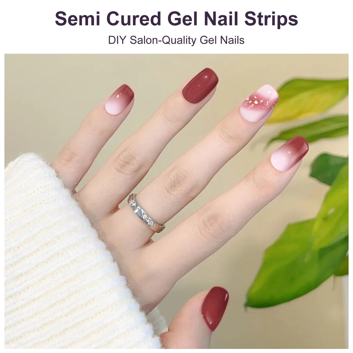 DUKASOU Semi Cured Gel Nail Strips Set, 56Pcs Nail Art Stickers/Wraps, Long Lasting UV Nail Polish Strips for Adults(Brown+Red)