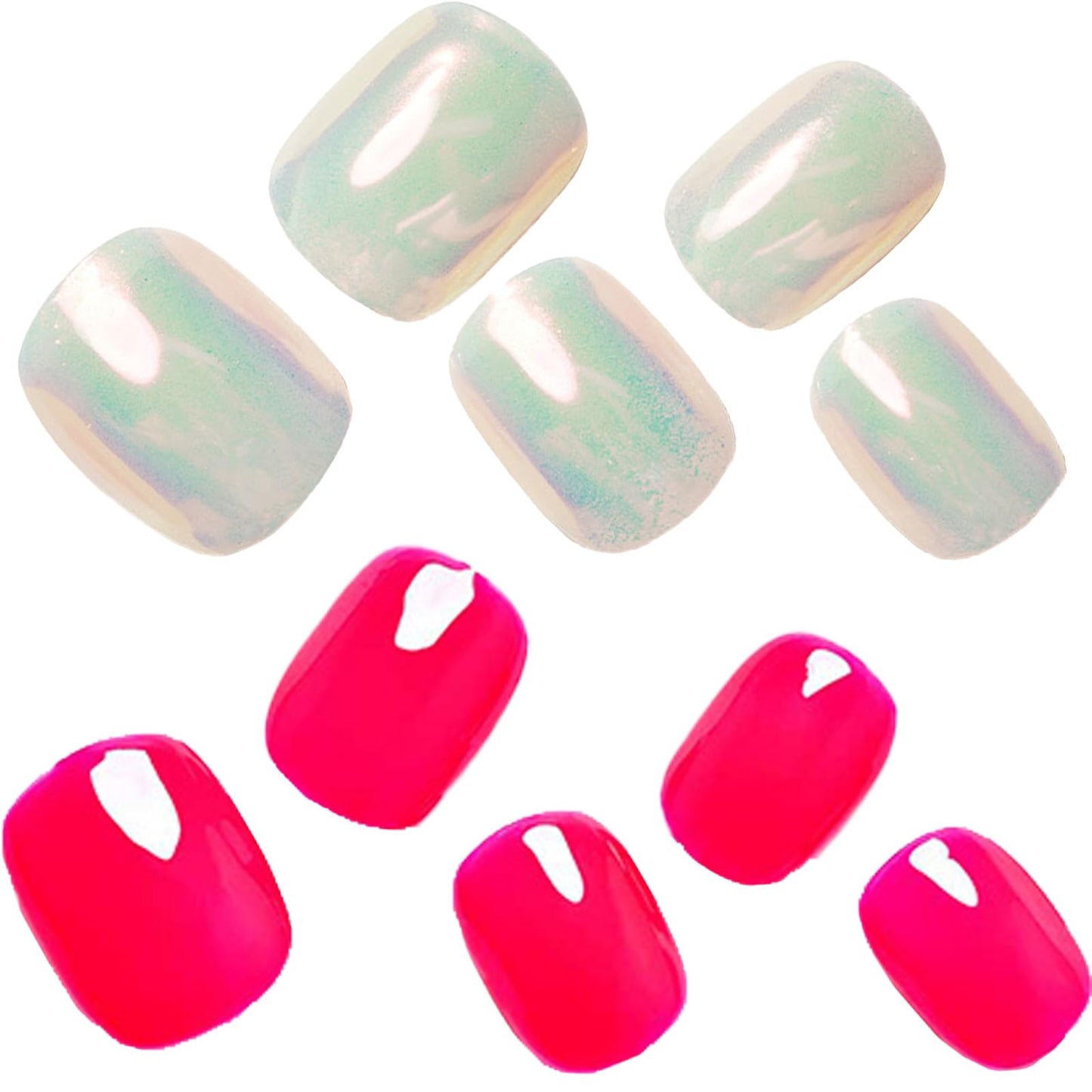 GLAMERMAID Press on Nails Extra Short Squoval, Handmade 2 Packds Pearl & Fluorescent Pink Jelly Gel Glue on Nails