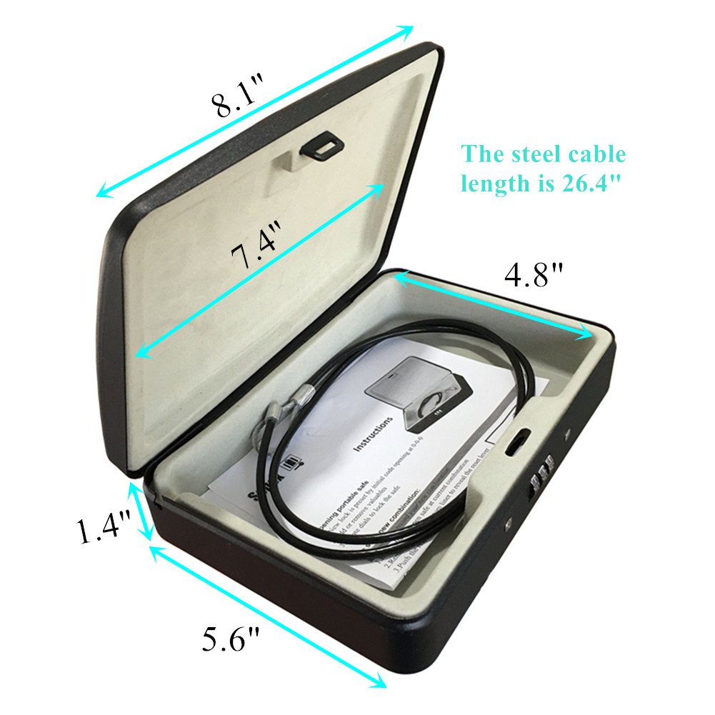 SEPOX® Water/Fire-Resistant Portable Security Case Lock Box Steel, Personal Travel Safe Storage Cabinet for Small Item, 3-Ft Cable, Ressetable Combination Lock for Dorm, Car, Sports, Office