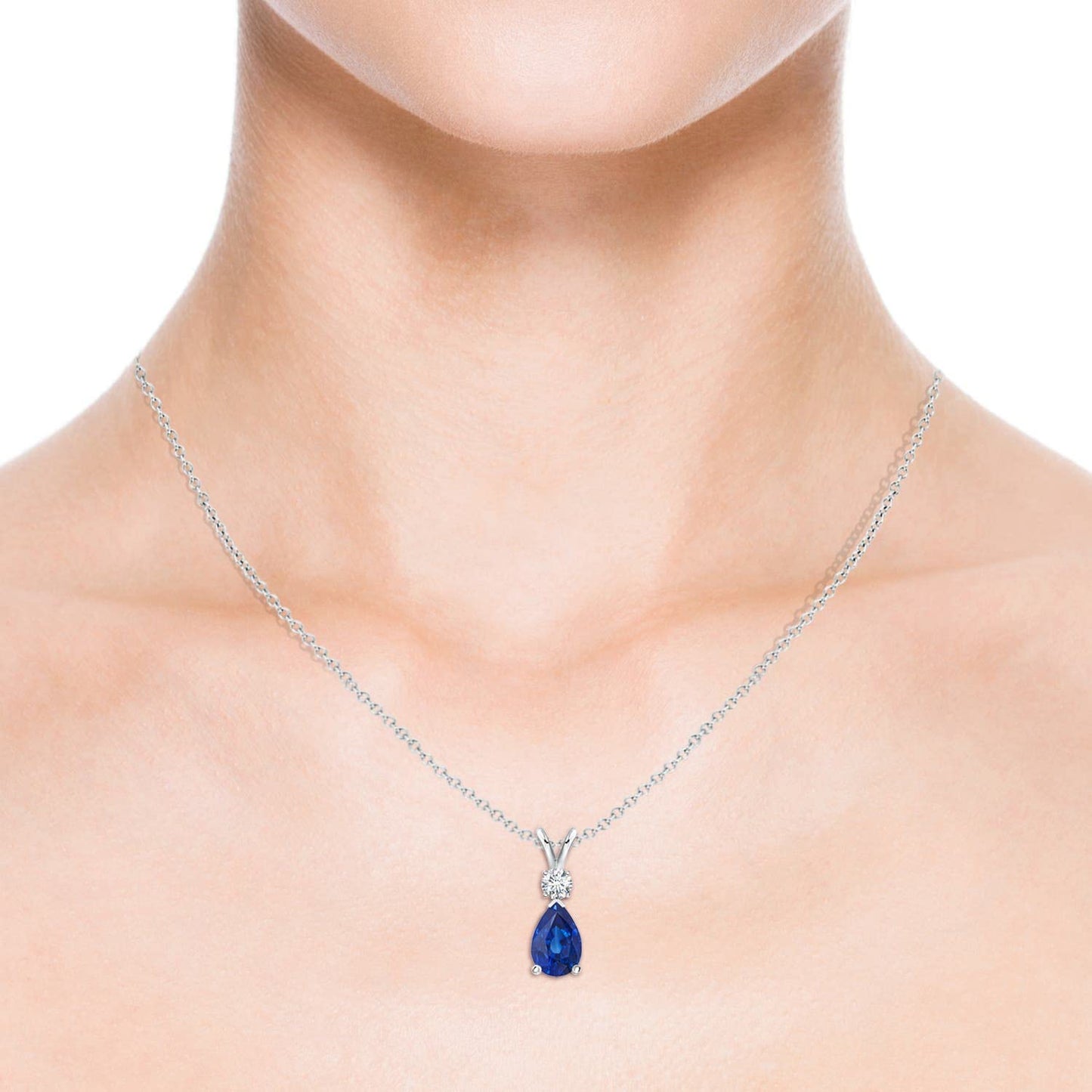 Angara Natural Blue Sapphire Solitaire Pendant for Women | Prong-Set Blue Sapphire Teardrop V-Bale Pendant with Diamond in White Gold | September Birthday, Gemstone Jewelry Gift | AAA | 6x4mm