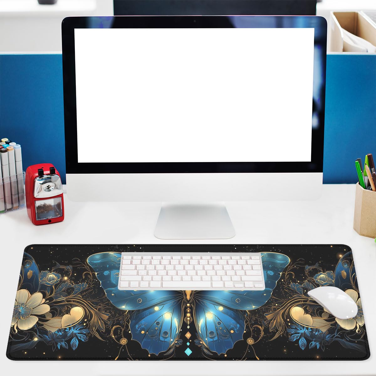 Blue Butterfly Gaming Mouse Pad Gorgeous Wings Fantasy Butterfly Large Gaming Mouse Mat with Stitched Edges,Non-Slip Waterproof Rubber Base Mous Mat 31.5x11.8 in