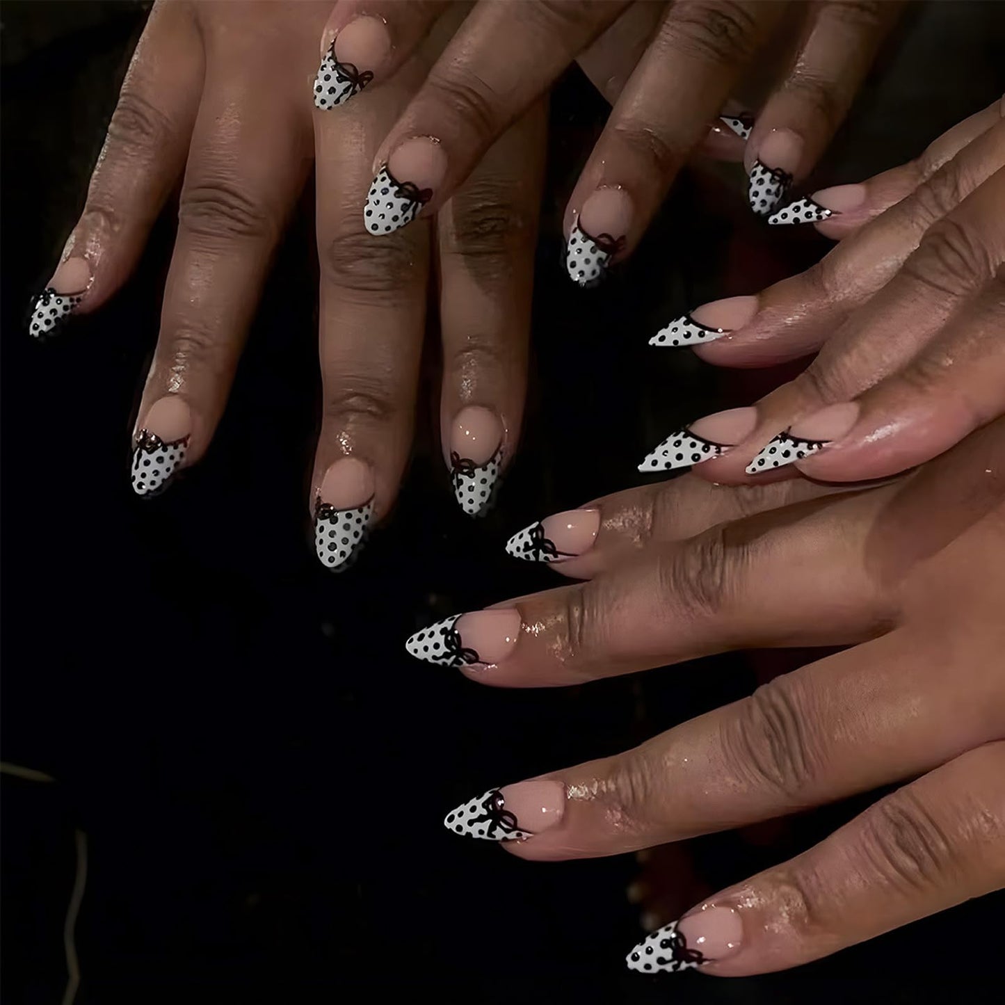 IMSOHOT Press on Nails, Black & White, Polka Dot Pattern Design, Medium Almond Fake Nails, French Tips Glossy Acrylic False Nails, Full Cover Cute Glue on Nails | 12 Sizes - 24 Nail Kit