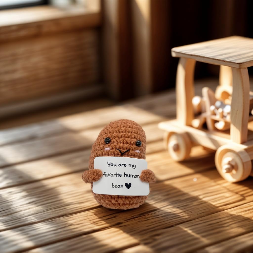 Funny Emotional Support Ornament, Creative Gift Handmade, Crochet Positive Bean Plush Doll with Motivational Message Card, Soft Yarn, 3x1.89 Inch, Desk Companion,Cute Doll,Positive Bean