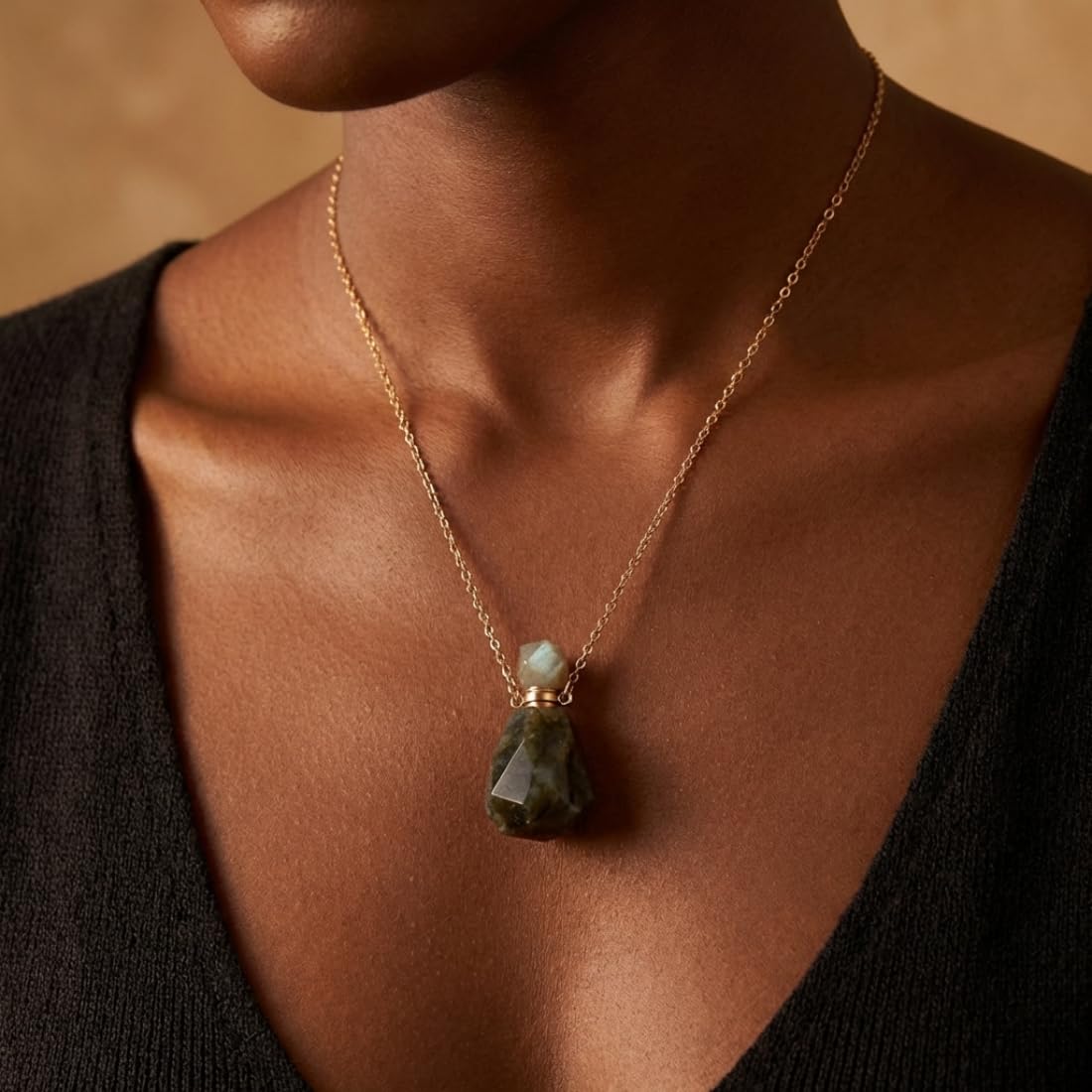 YGLINE Labradorite Perfume Locket Necklace Aromatherapy Essential Oil Diffuser Natural Stone Pendant Necklace for Women