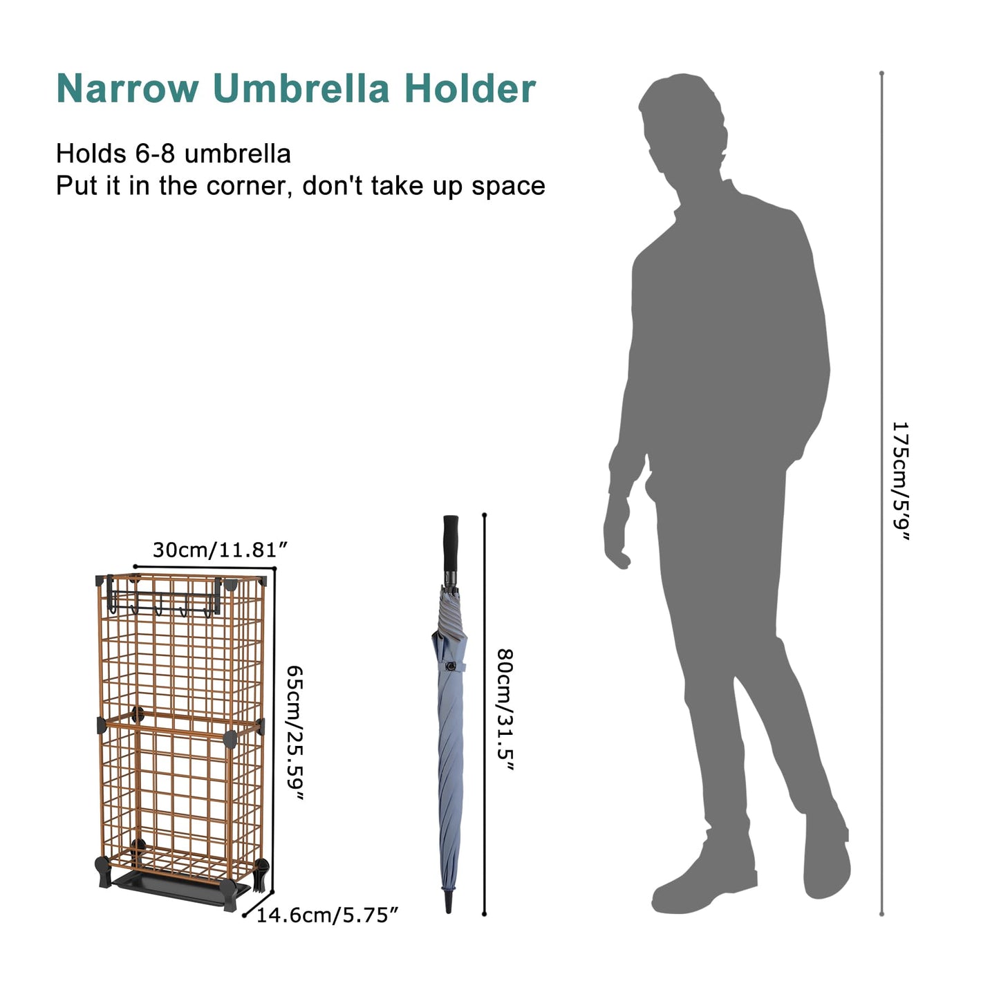AWTATOS Umbrella Holder Entryway, Umbrella Stand Freestanding, Metal Square Umbrella Rack Organizer with a Removable Drip Tray, Hooks, Brown