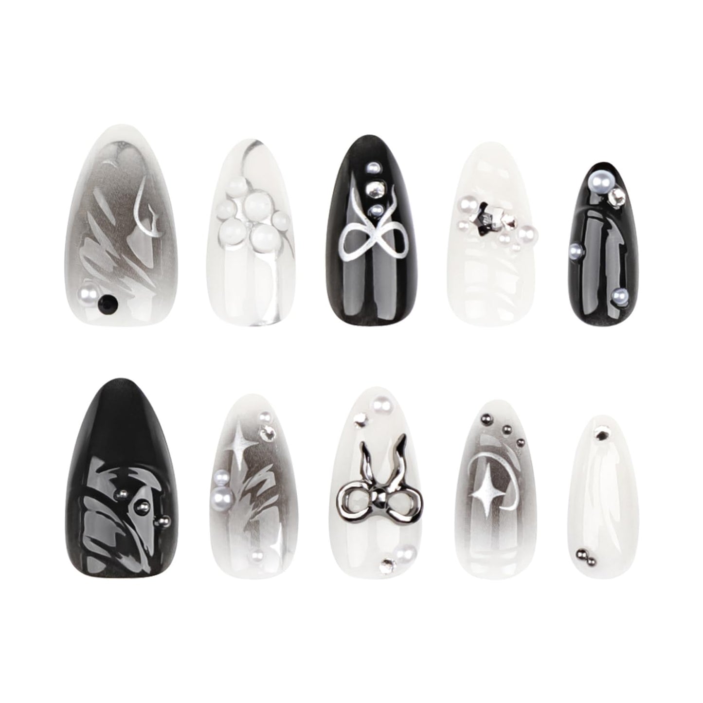 24PCS Black Press on Nails Medium Almond Fake Nails with 3D Alloy Bow Pearl Design Silver Shining Star Full Cover False Nails Water Drops French Tips Cute Stick on Nails Acrylic Fingernails for Women