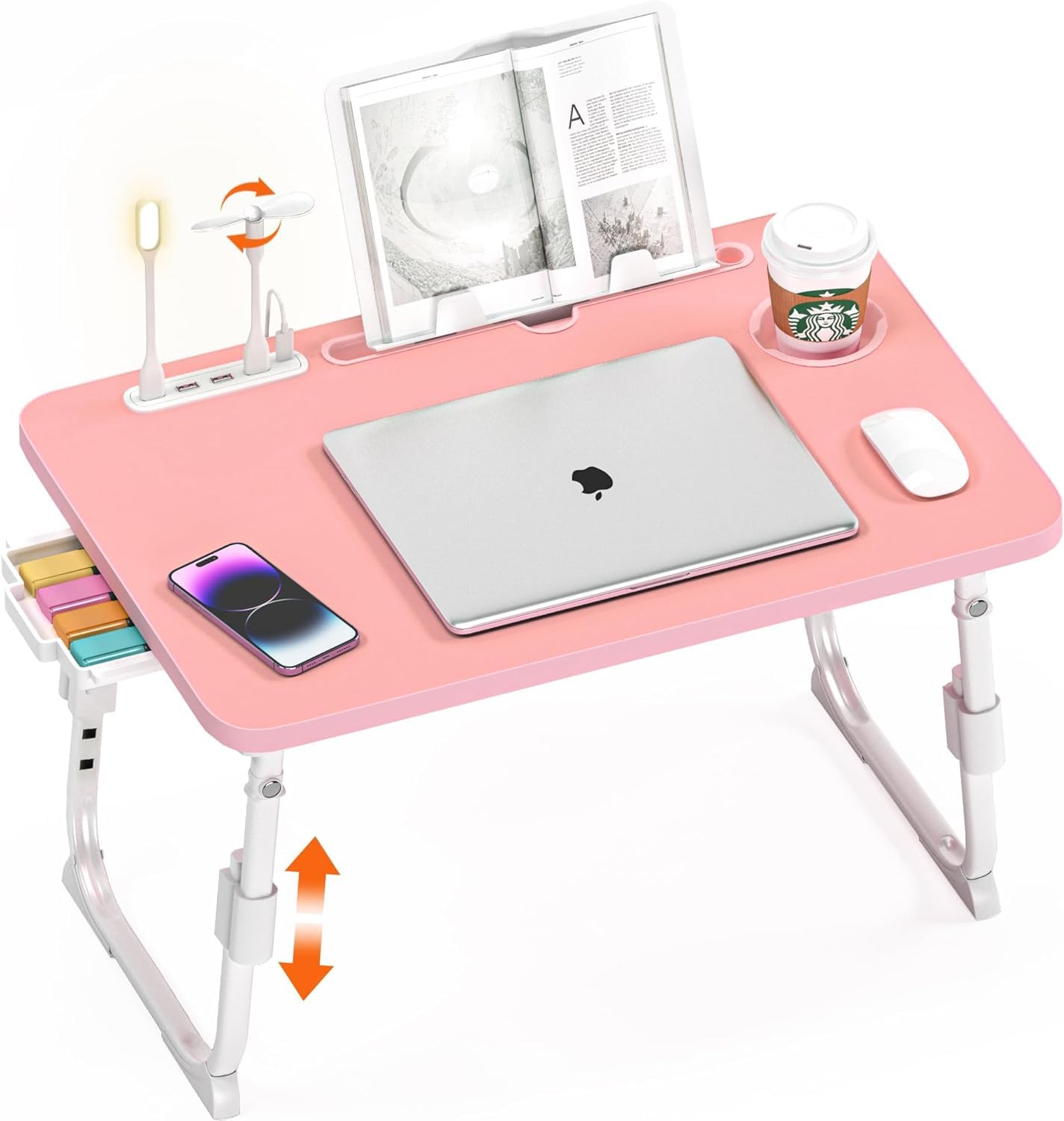 DECOSIS Bed Desk Height Adjustable, Bed Laptop Table with USB/Storage Drawer/Cup Holder/Tablet Stand/Book Shelf, Foldable Breakfast Tray Portable for Reading Writing, Bed, Sofa & Floor, Wood, Pink