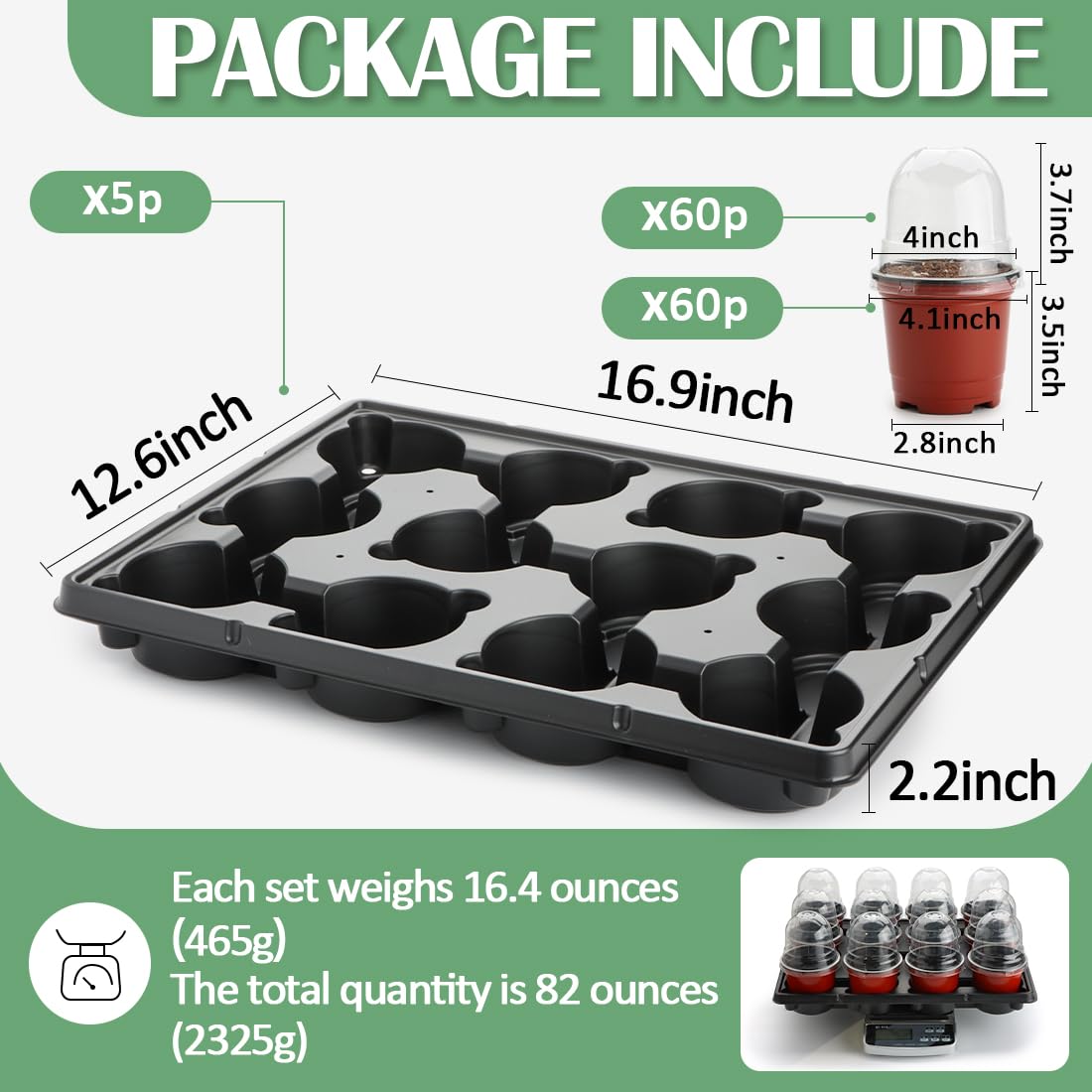 RooTrimmer 4 Inch 60 Pack Nursery Pots with Humidity Domes & 5 Pack 12 Cell Round Seedling Pot Carrying Trays, Sturdy Seeds Starter Pot Germination Set, Small Planter Nursery Propagation 5 Sets