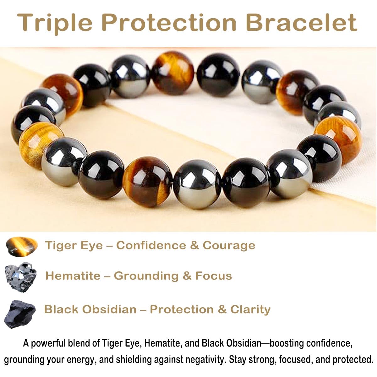 AD Beads Handmade Gemstone Stretch Elastic Bracelet Crystal Healing Reiki Nature's Beauty and Spiritual Essence Unisex (10mm, Triple Protection (Strong Protect))