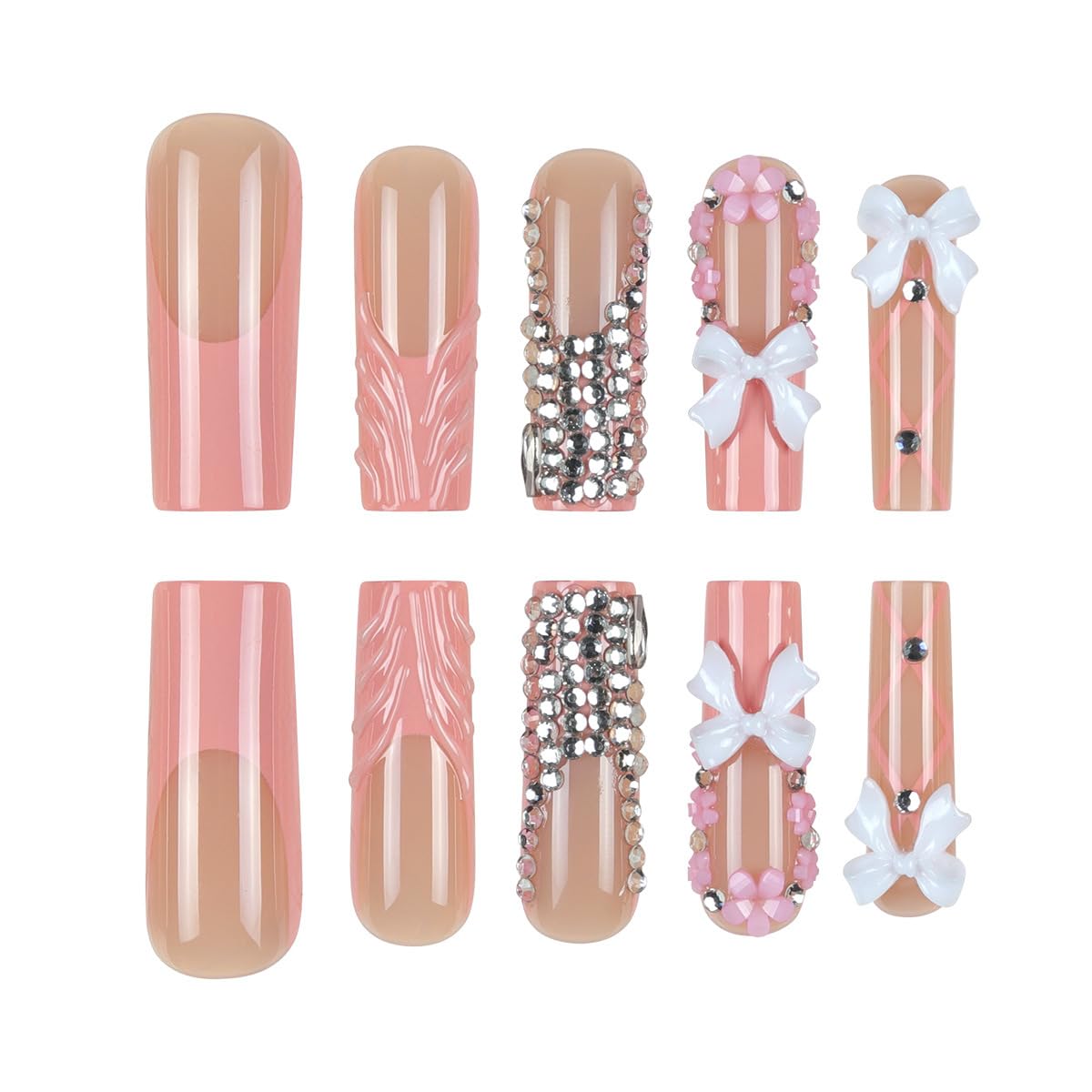 Square Press on Nails Long Fake Nails French Tip False Nails Pink Artificial Nails with Bow Designs Stick on Nails for Women 24pcs